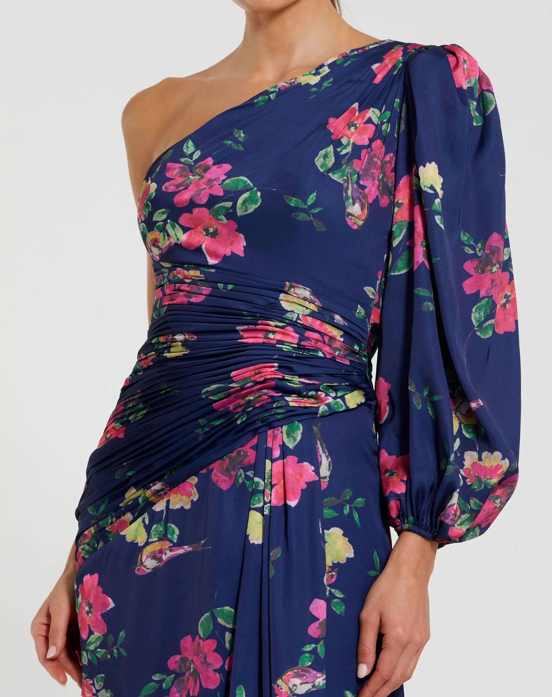 Navy One Sleeve Floral Print Charmeuse Gown With Slit-Myartka