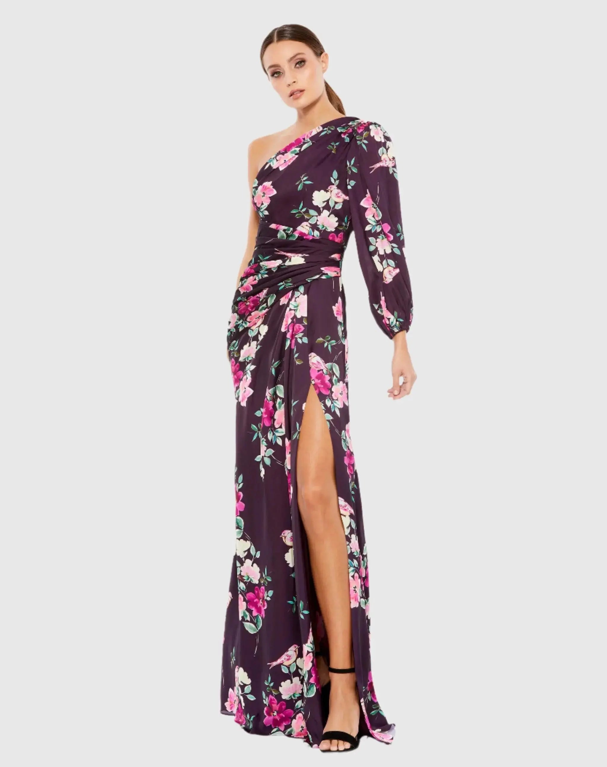 Purple One Sleeve Floral Print Charmeuse Gown With Slit-Myartka