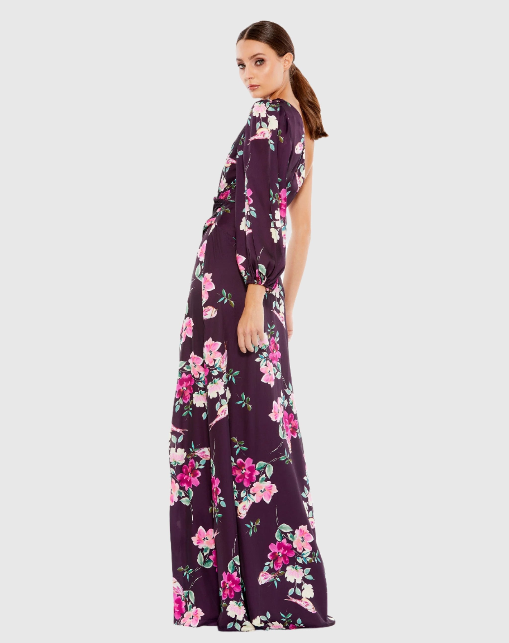 Purple One Sleeve Floral Print Charmeuse Gown With Slit-Myartka