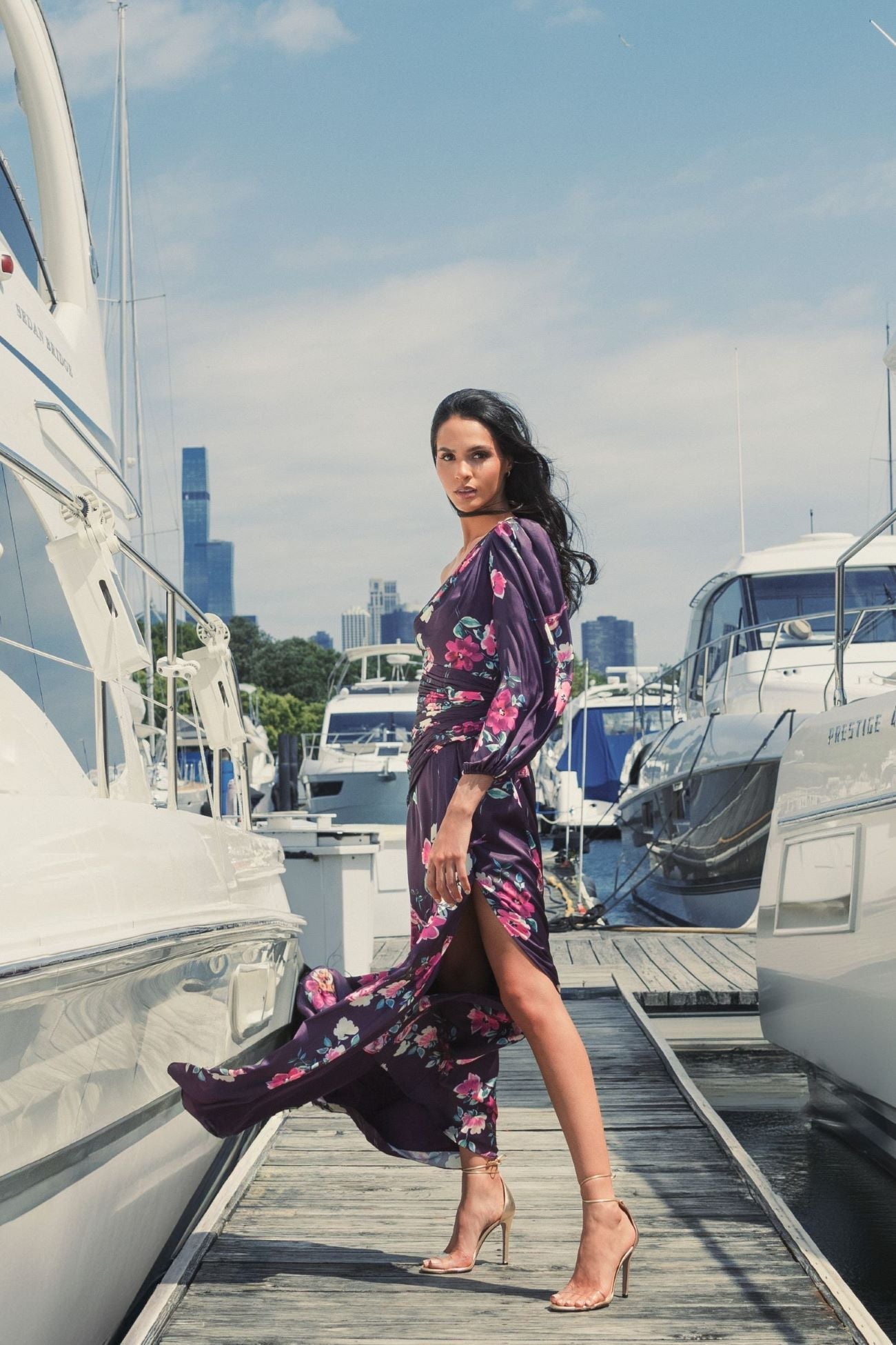 Purple One Sleeve Floral Print Charmeuse Gown With Slit-Myartka