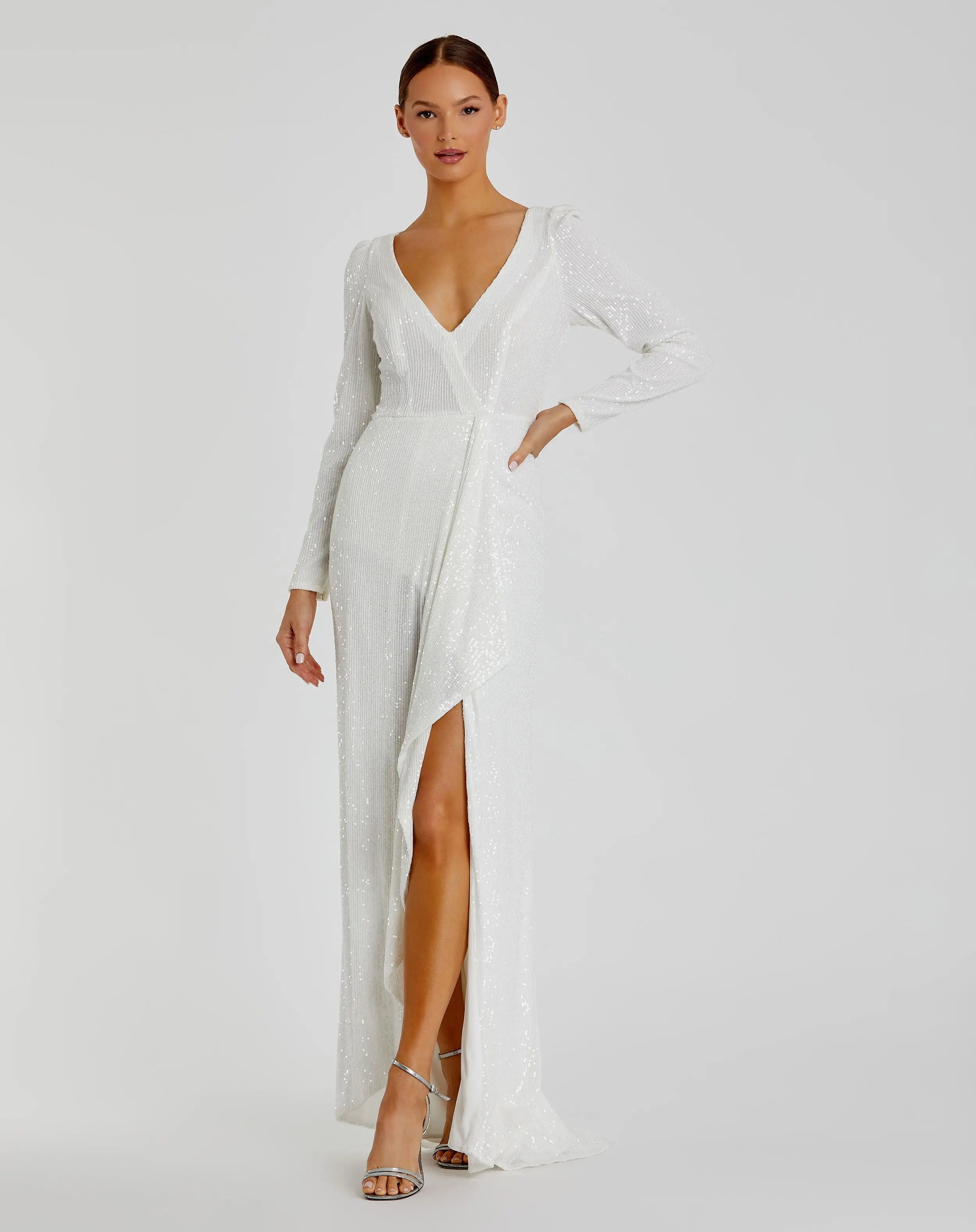 Faux Wrap Long Sleeve Sequin Gown-Myartka