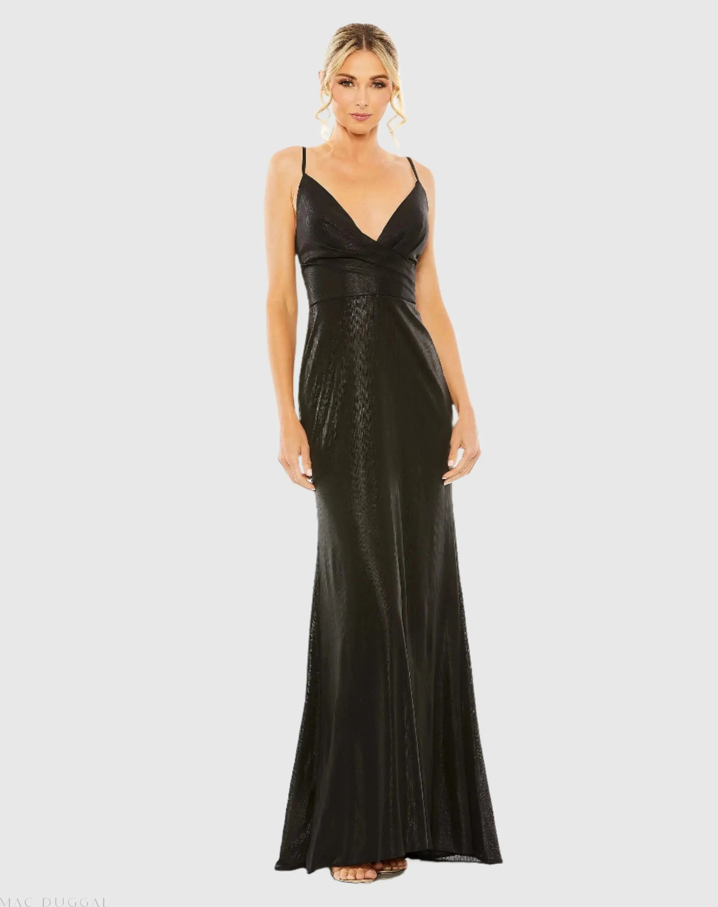 Black Metallic Faux Wrap Spaghetti Strap Gown-Myartka