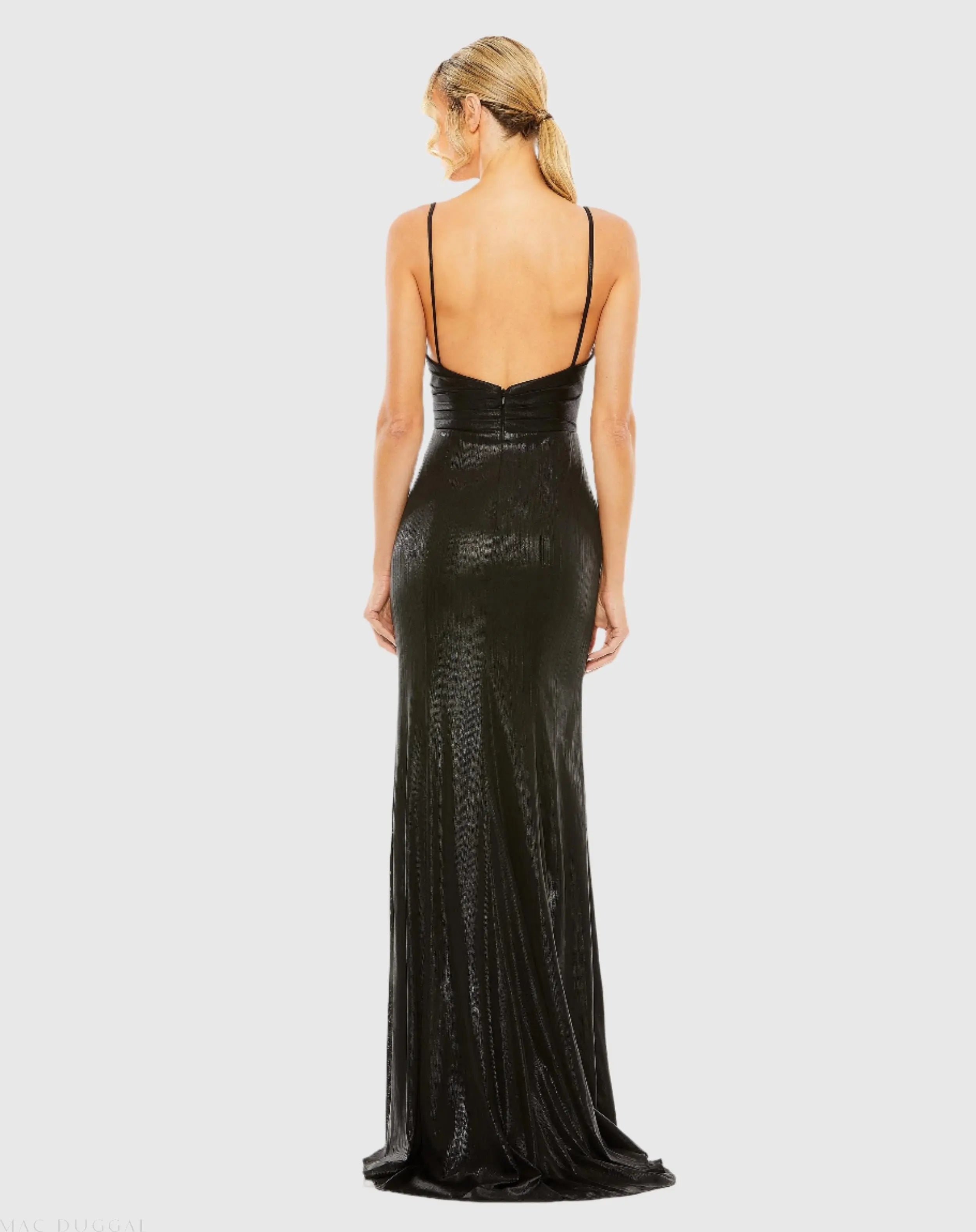 Black Metallic Faux Wrap Spaghetti Strap Gown-Myartka
