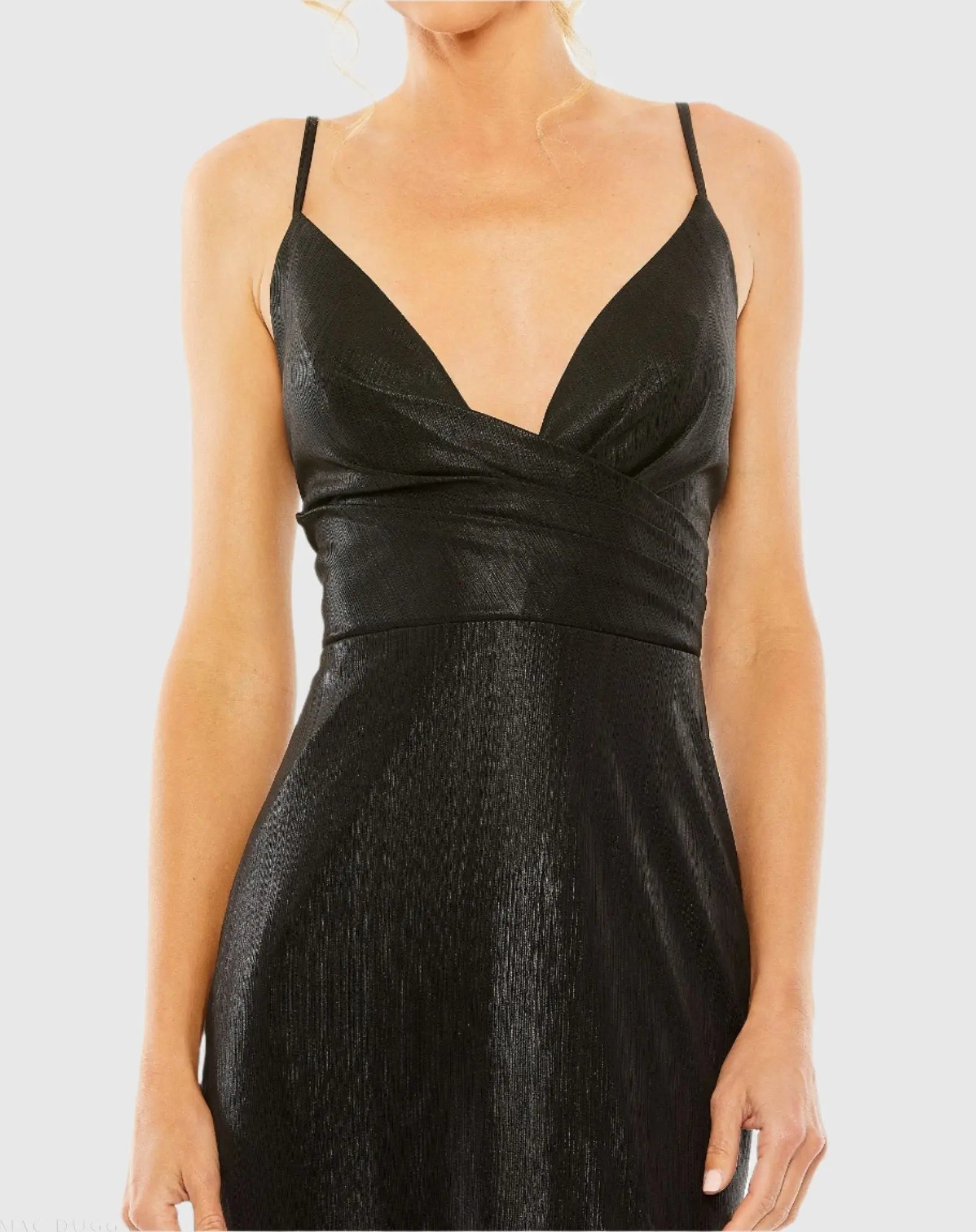 Black Metallic Faux Wrap Spaghetti Strap Gown-Myartka