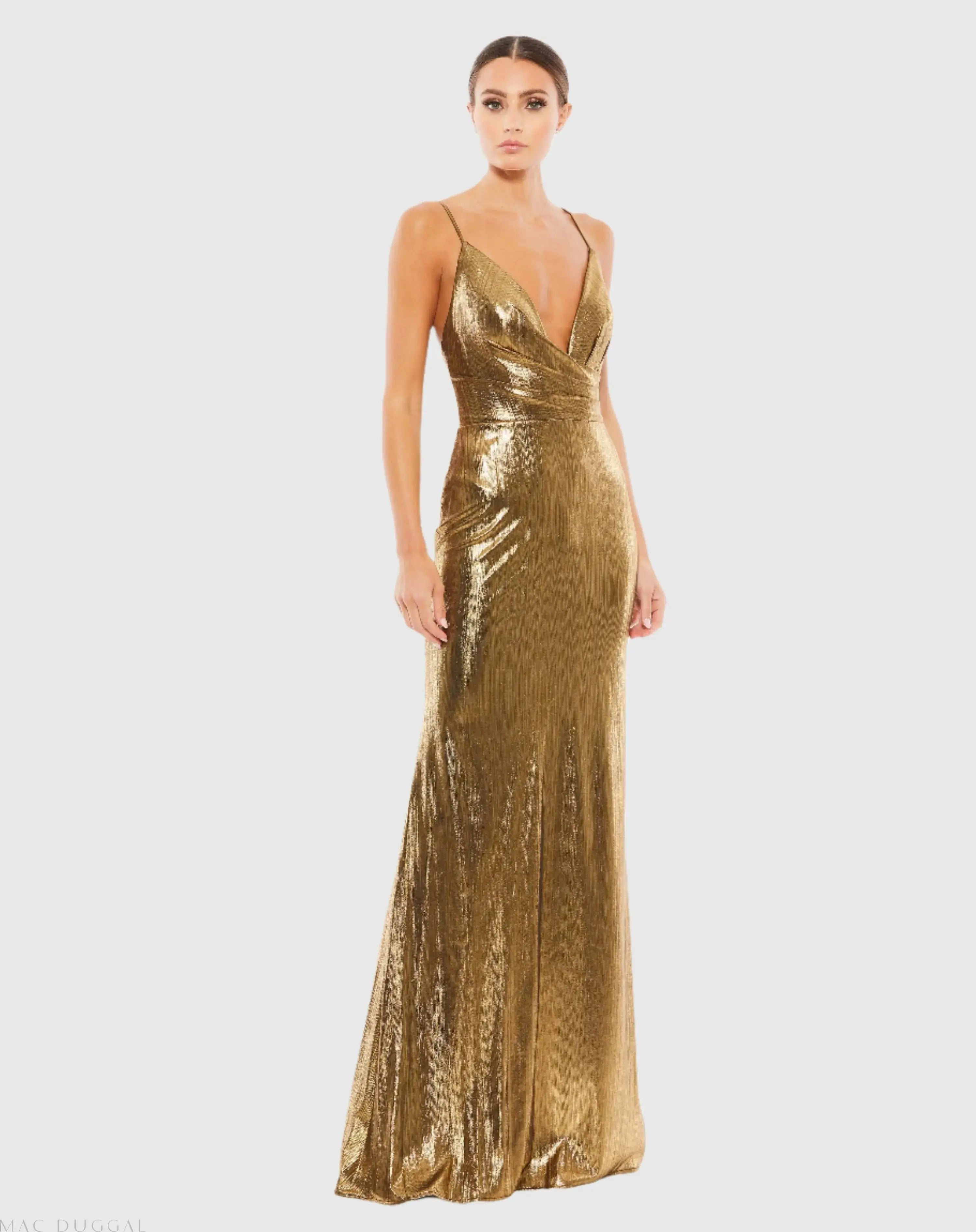 Gold Metallic Faux Wrap Spaghetti Strap Gown-Myartka