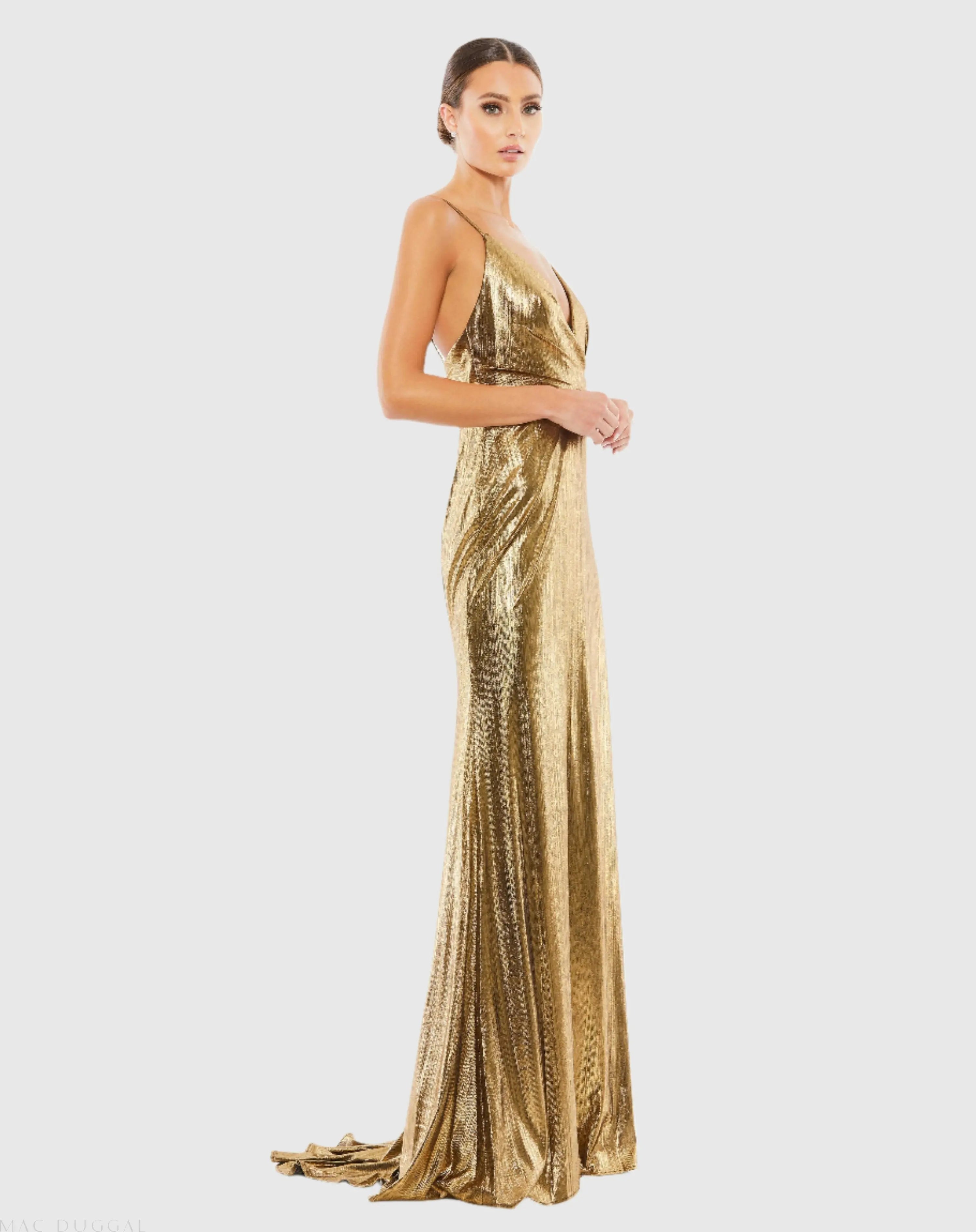 Gold Metallic Faux Wrap Spaghetti Strap Gown-Myartka