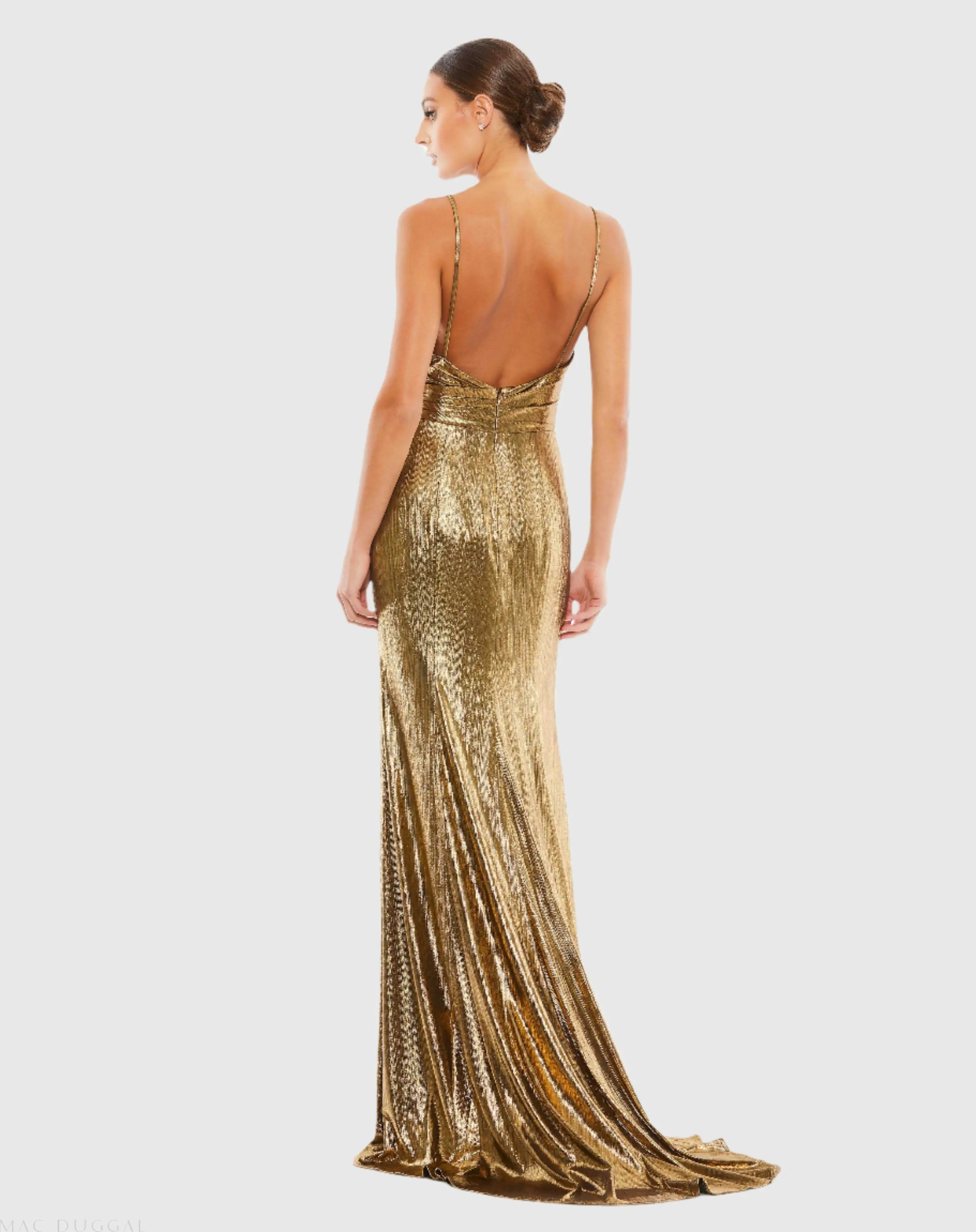 Gold Metallic Faux Wrap Spaghetti Strap Gown-Myartka