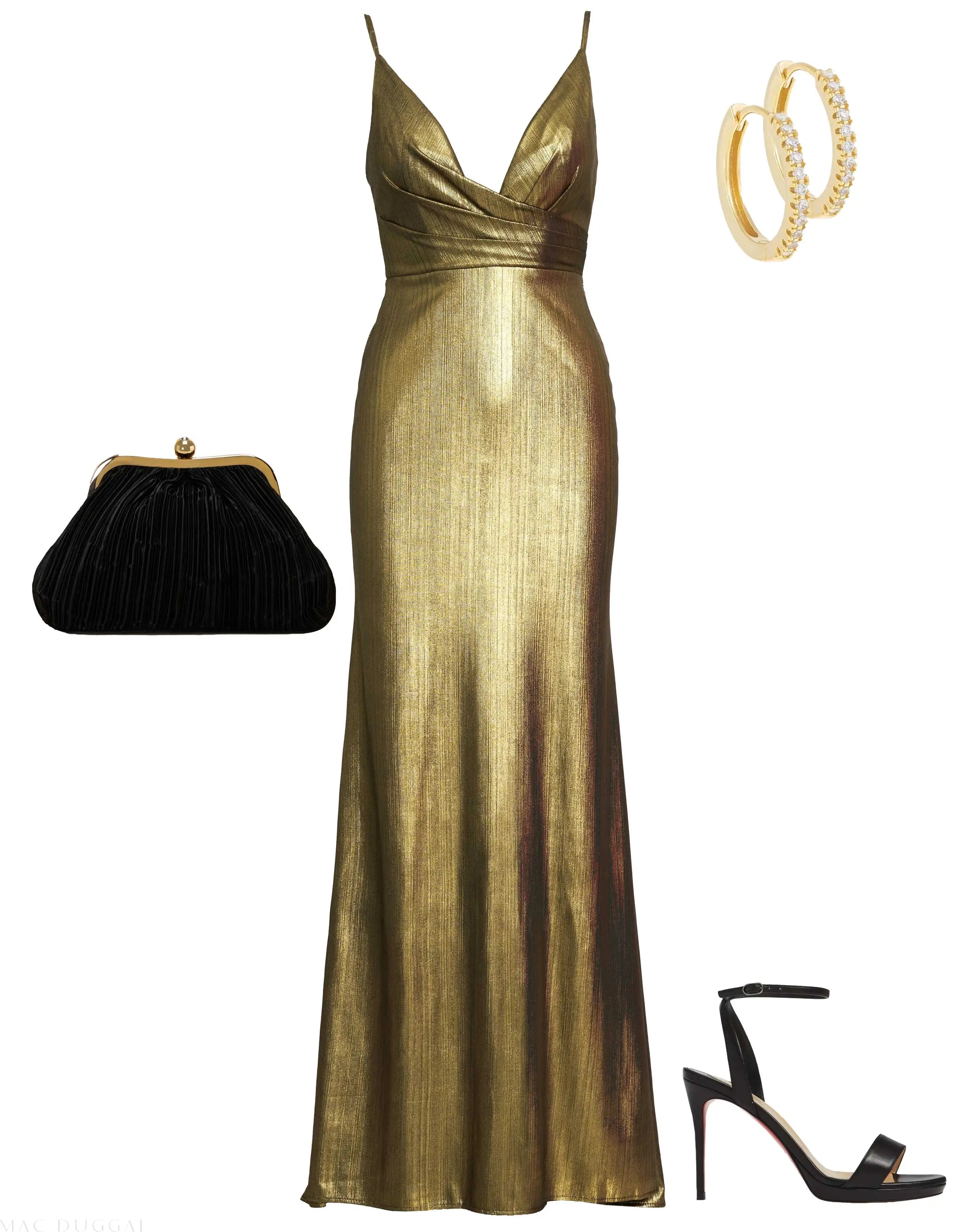 Gold Metallic Faux Wrap Spaghetti Strap Gown-Myartka