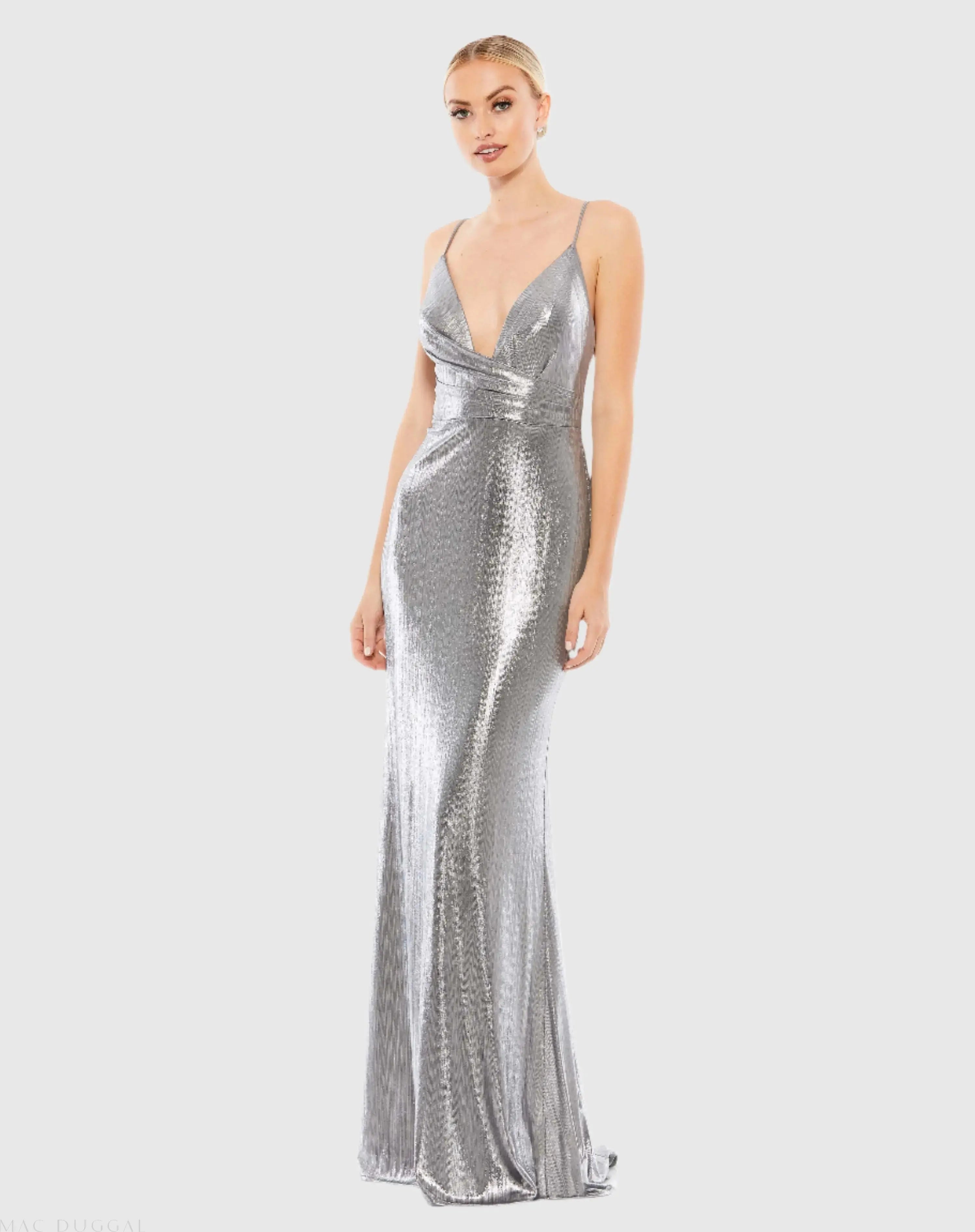 Silver Metallic Faux Wrap Spaghetti Strap Gown-Myartka