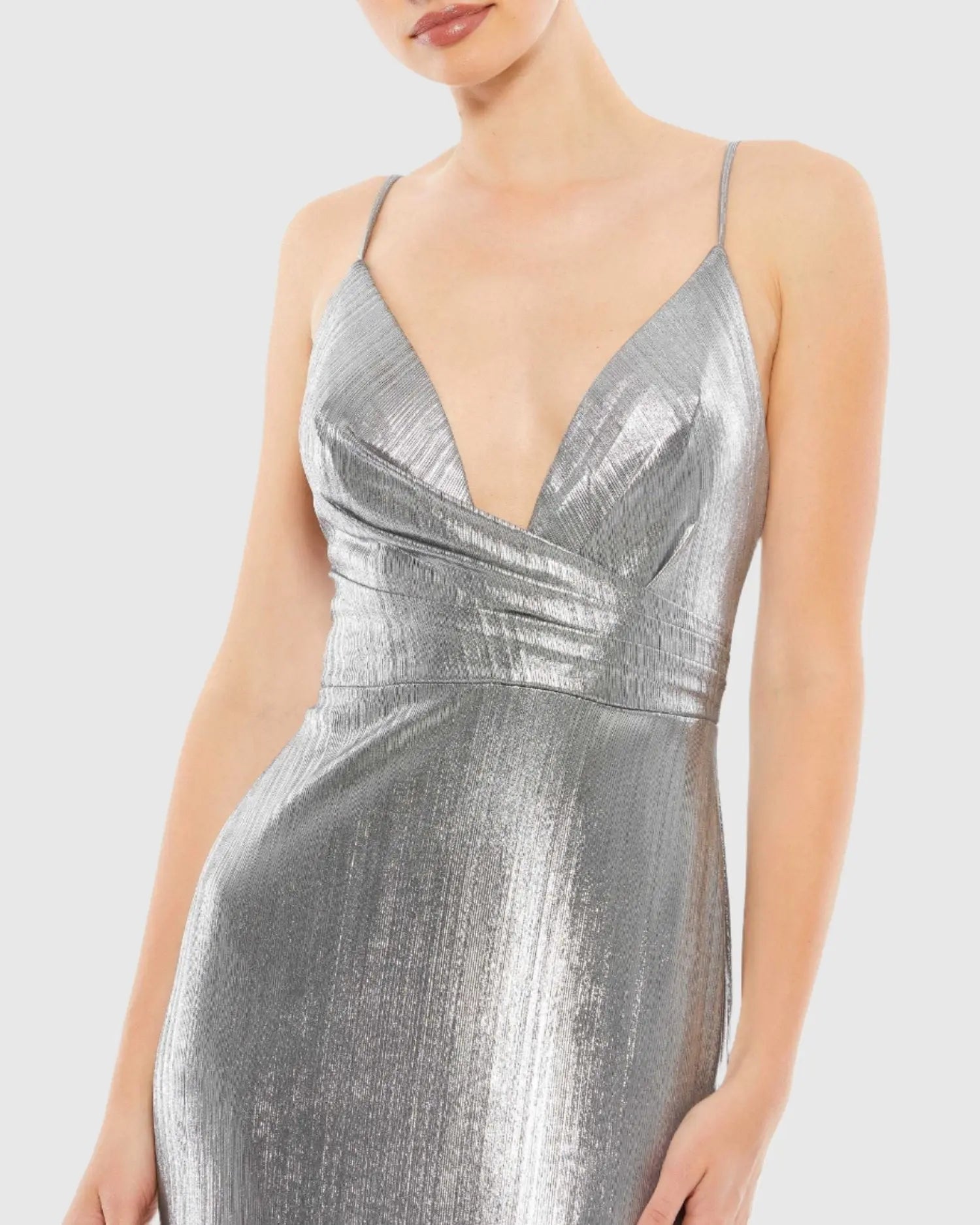 Silver Metallic Faux Wrap Spaghetti Strap Gown-Myartka