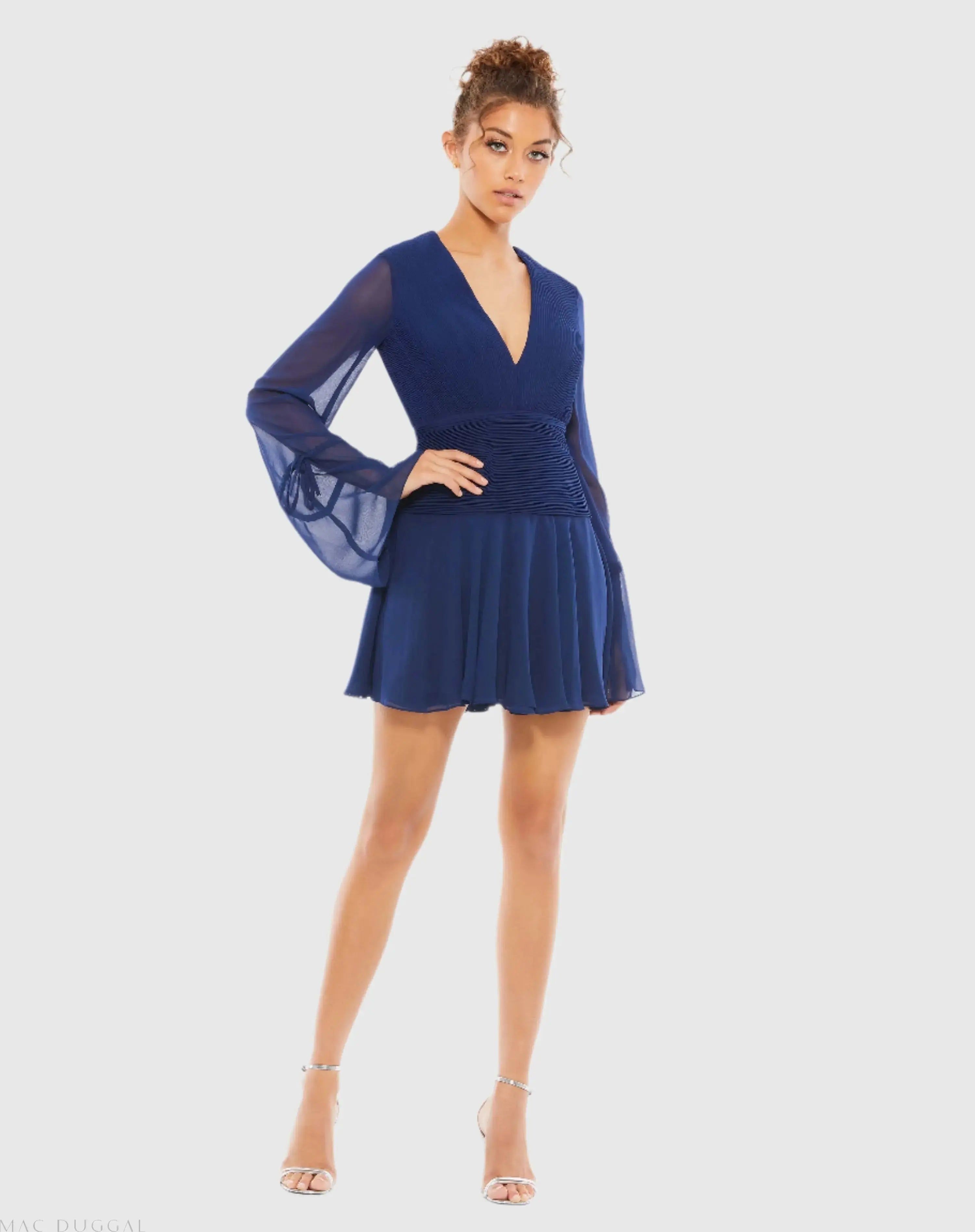 Pleated Bell Sleeve Chiffon Mini Dress-Myartka