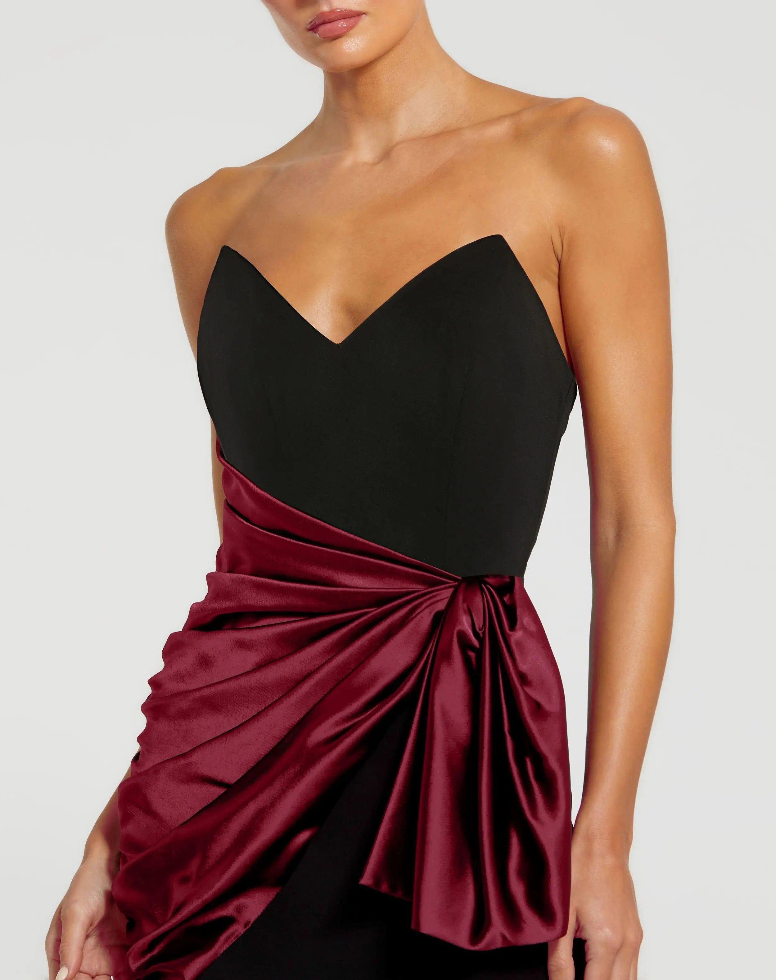 Black Two Tone Draped Strapless Trumpet Gown-Myartka