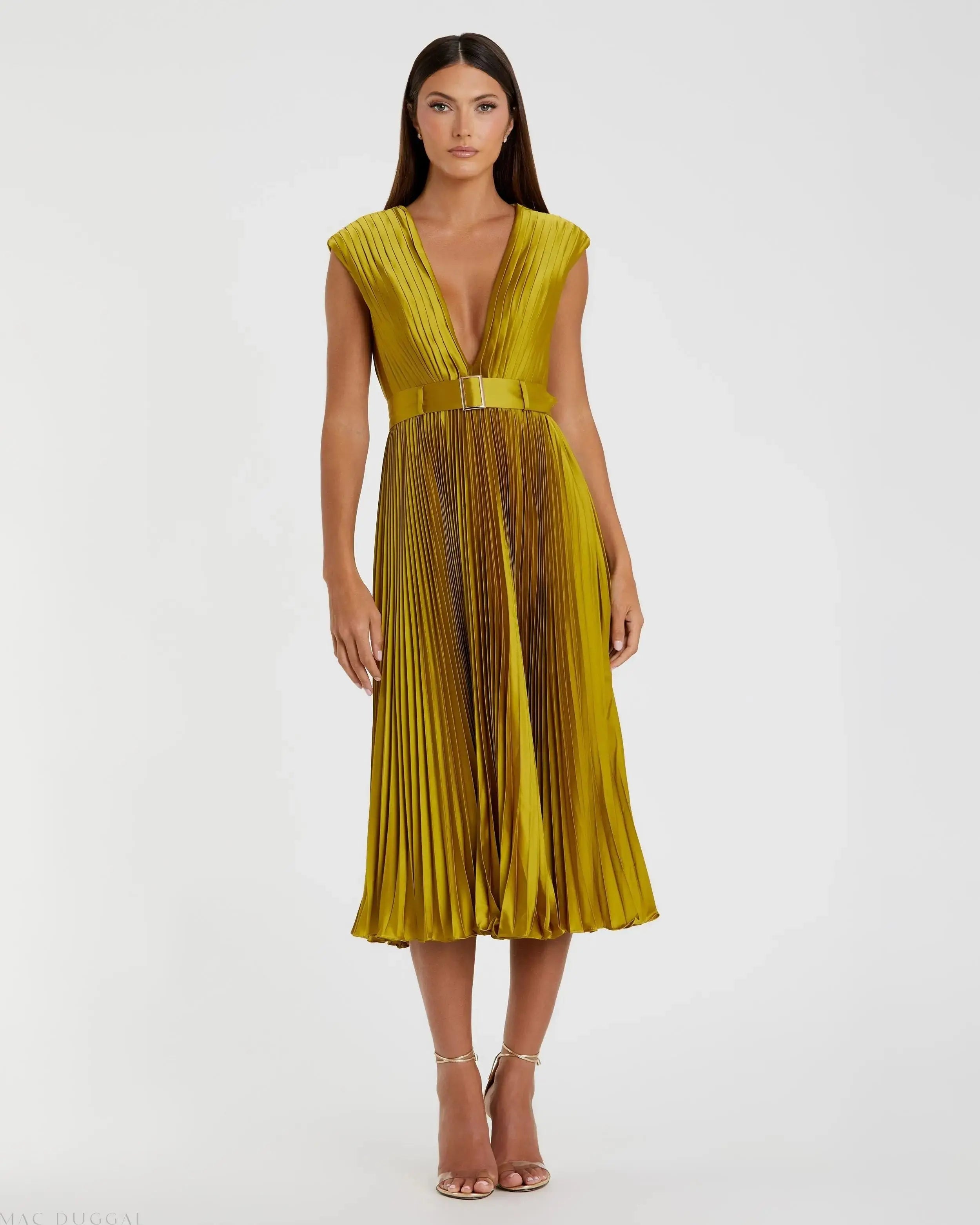 Pleated Cap Sleeve Belted A Line Dress-Myartka