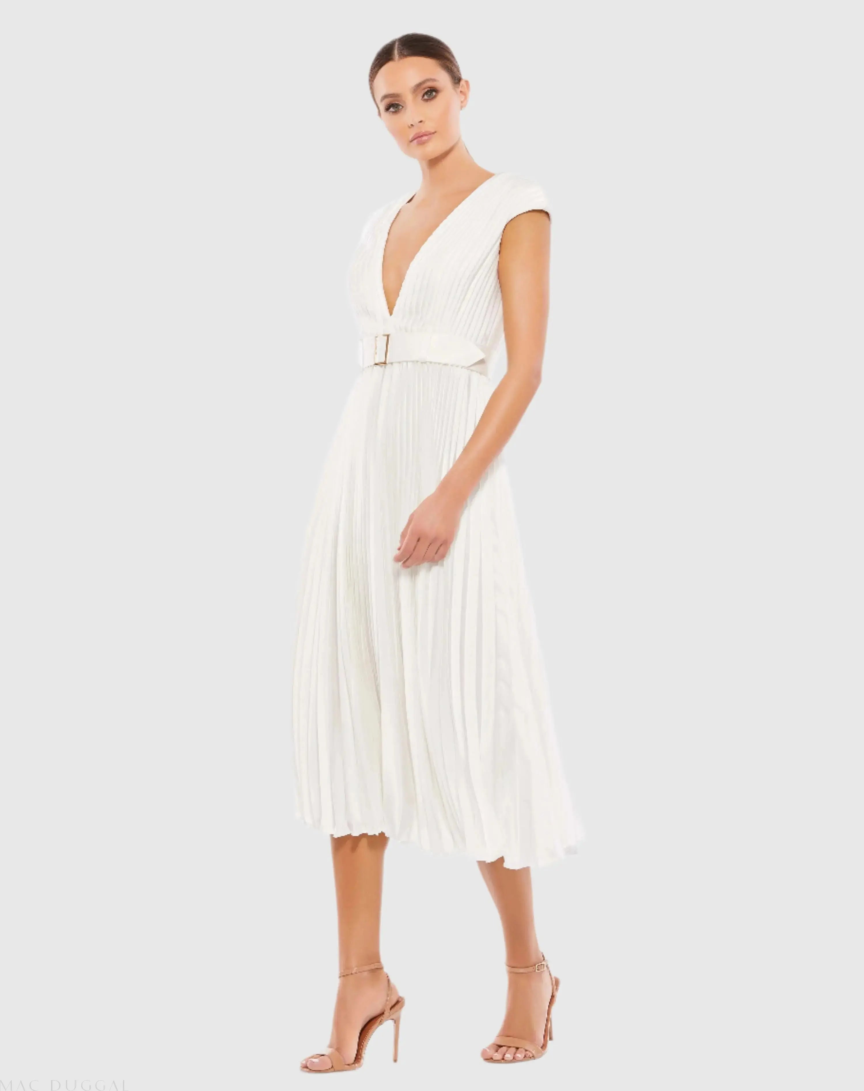 Pleated Cap Sleeve Belted A Line Dress-Myartka