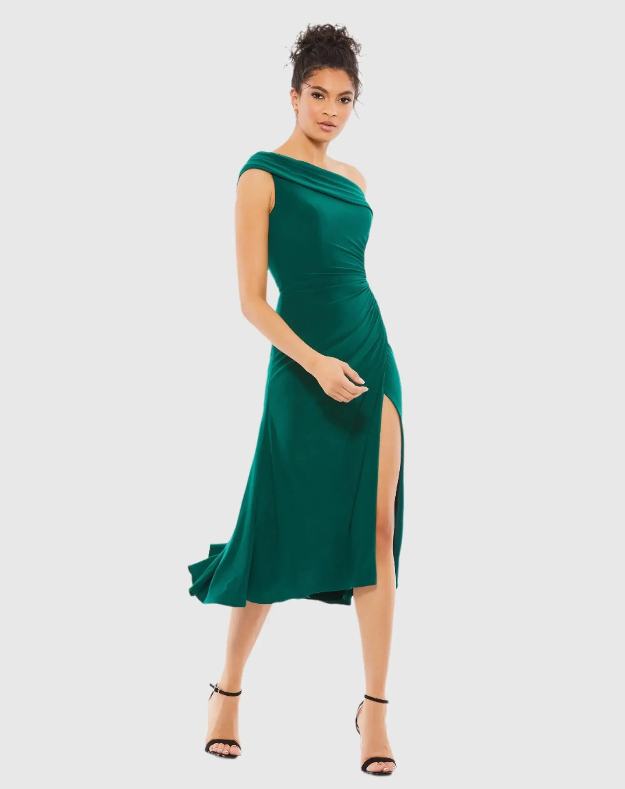 Dark Green Ruched Off-The-Shoulder Midi Dress-Myartka