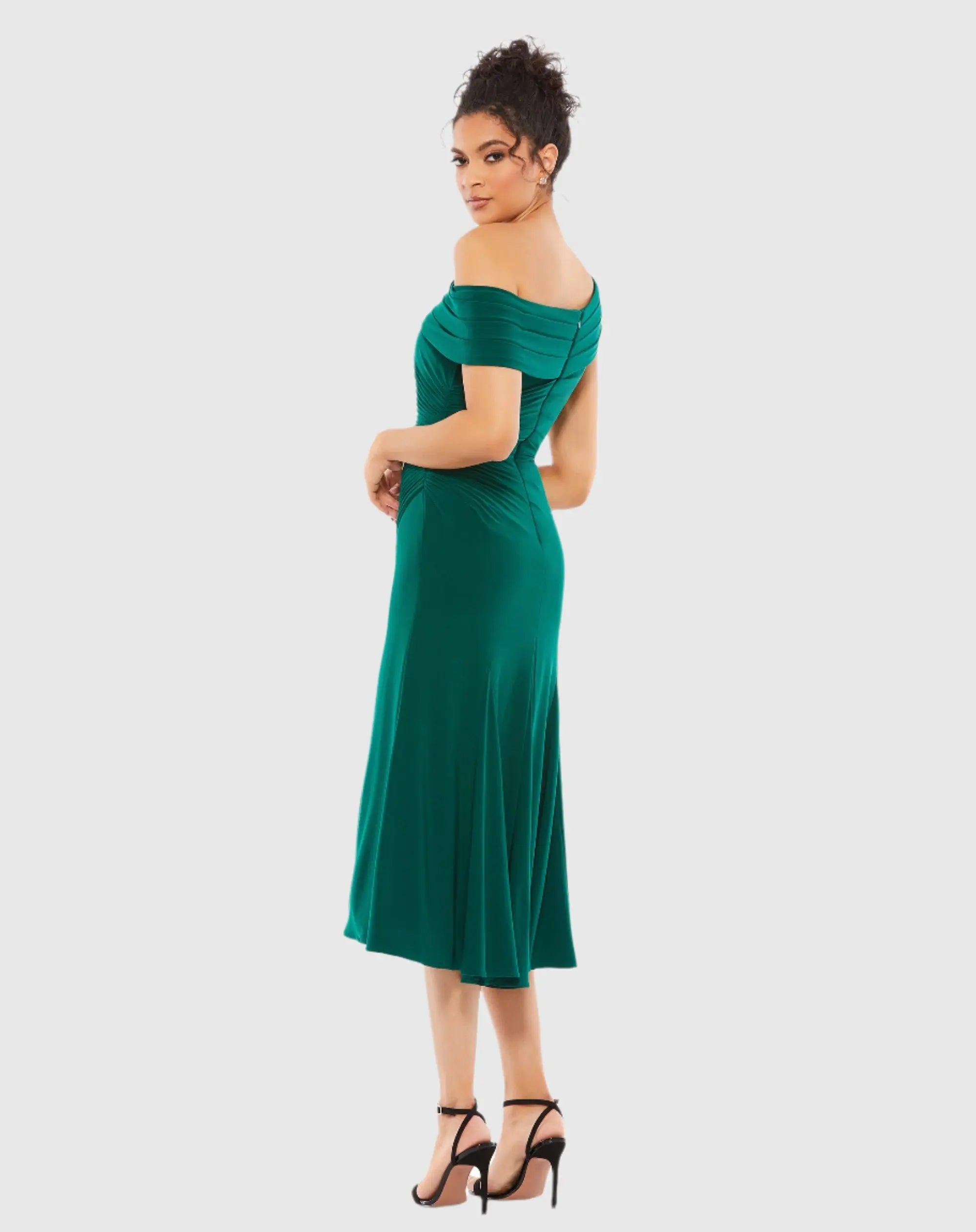 Dark Green Ruched Off-The-Shoulder Midi Dress-Myartka
