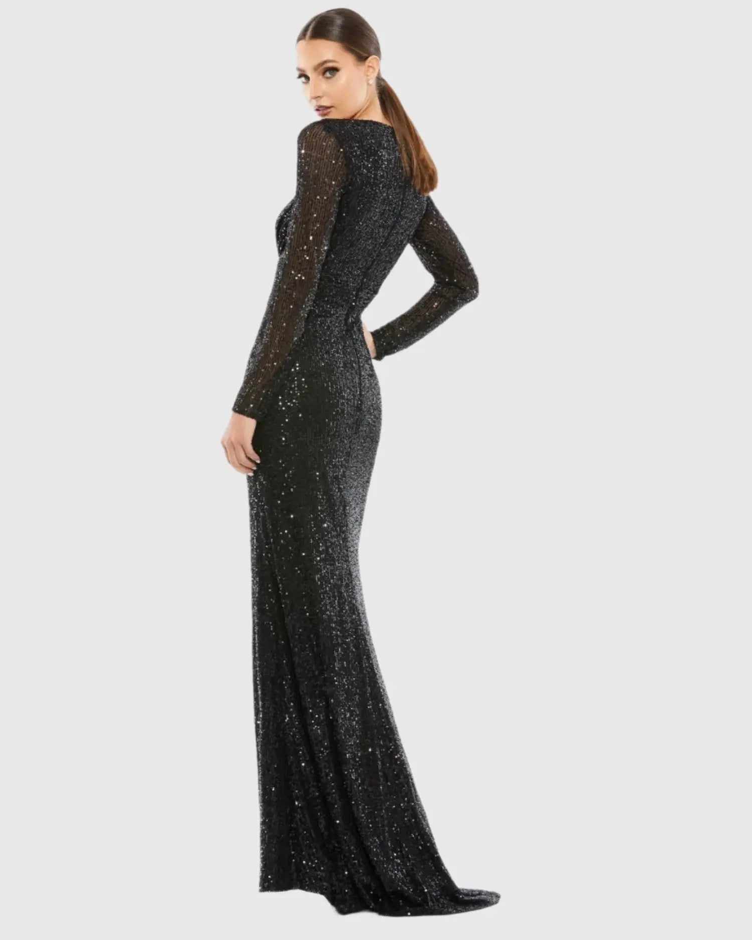 Black Sequined Long Sleeve Gown-Myartka