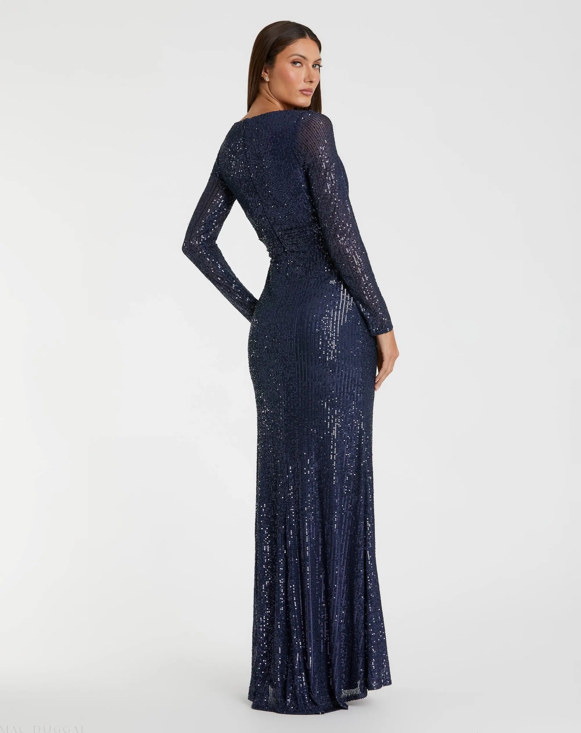 Navy Sequined Long Sleeve Gown-Myartka