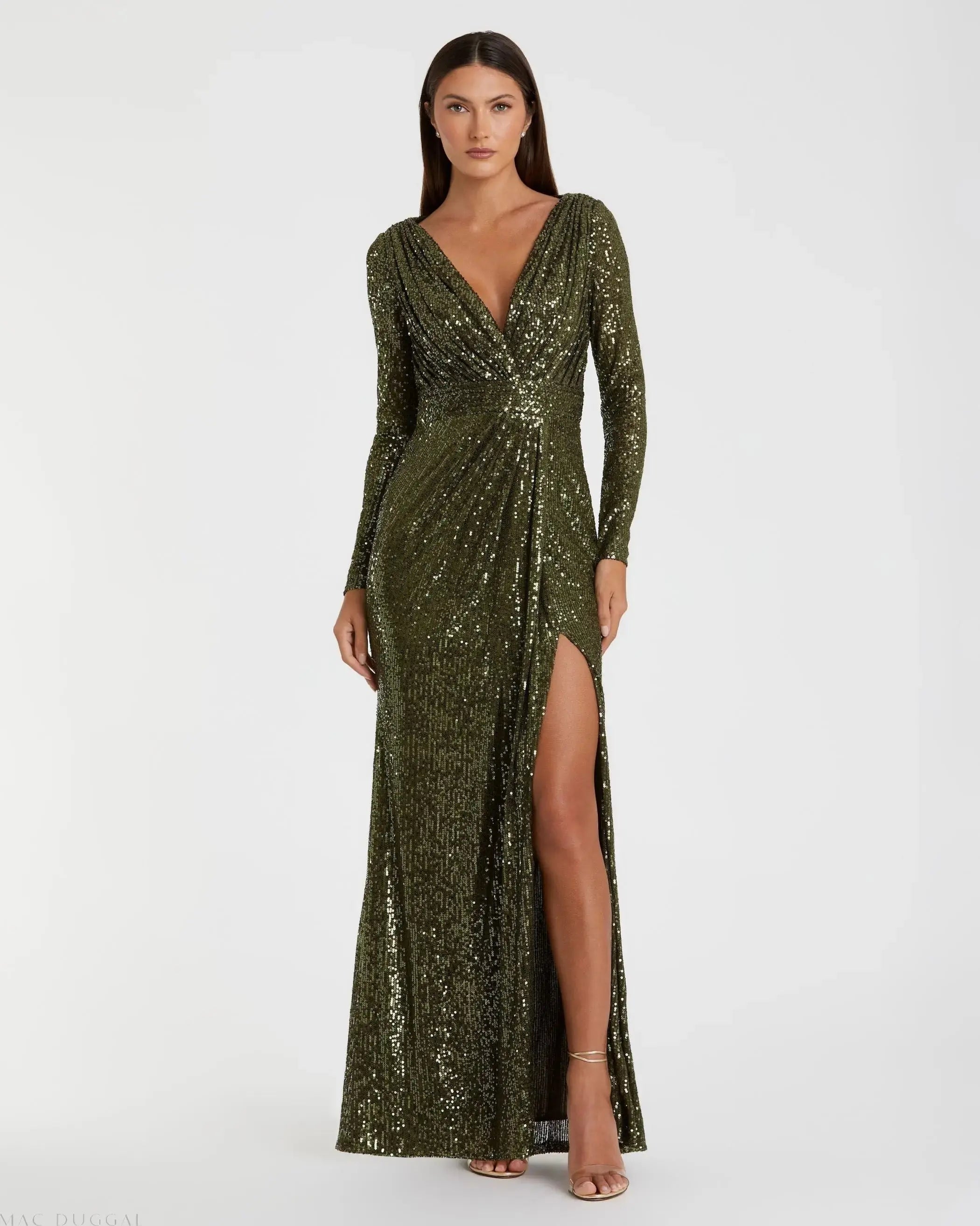 Green Sequined Long Sleeve Gown-Myartka