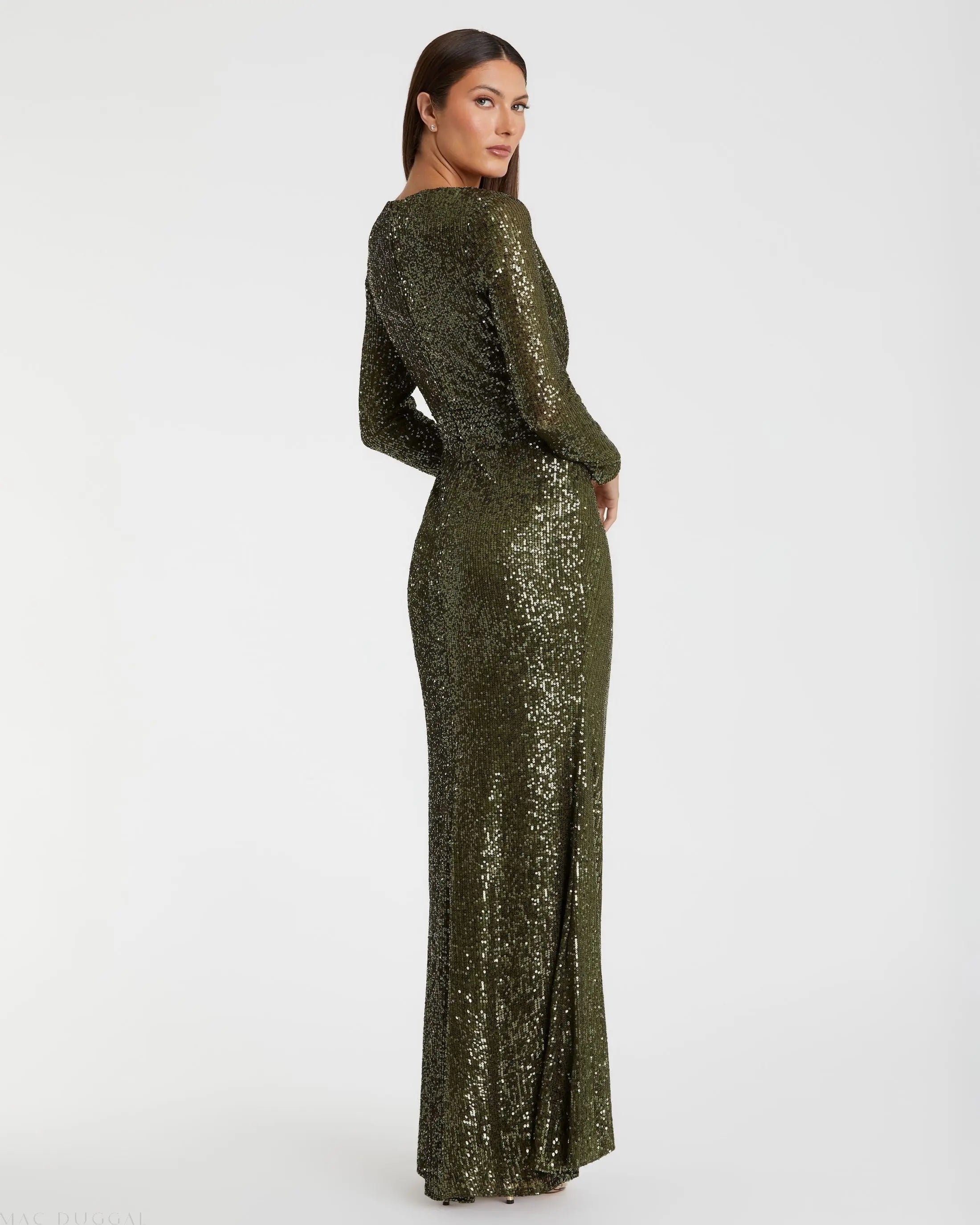 Green Sequined Long Sleeve Gown-Myartka