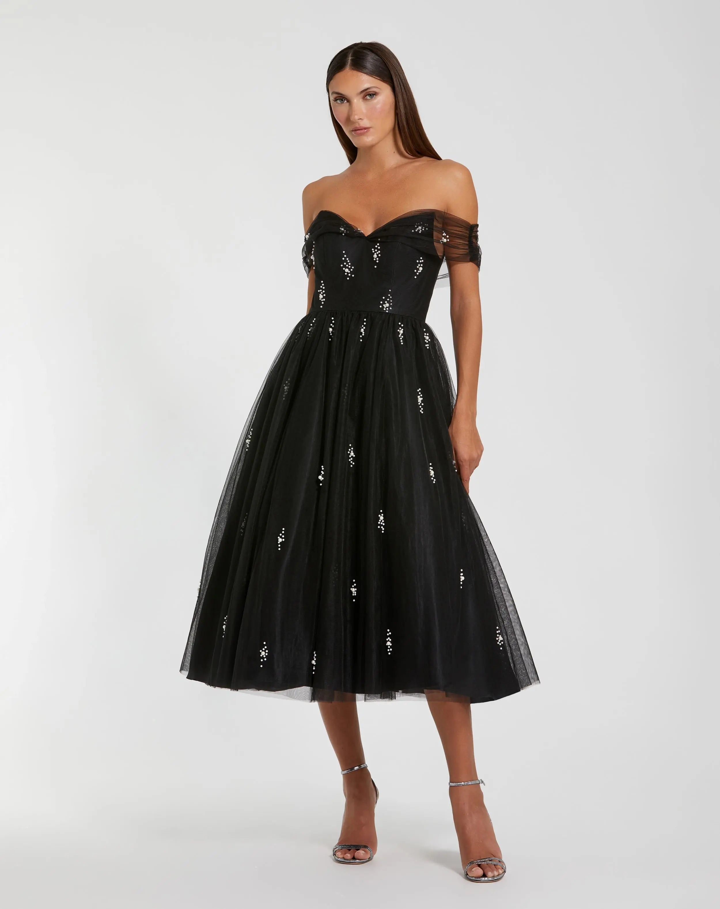 Black Tulle Off The Shoulder Pearl Embellished Cocktail Dress-Myartka