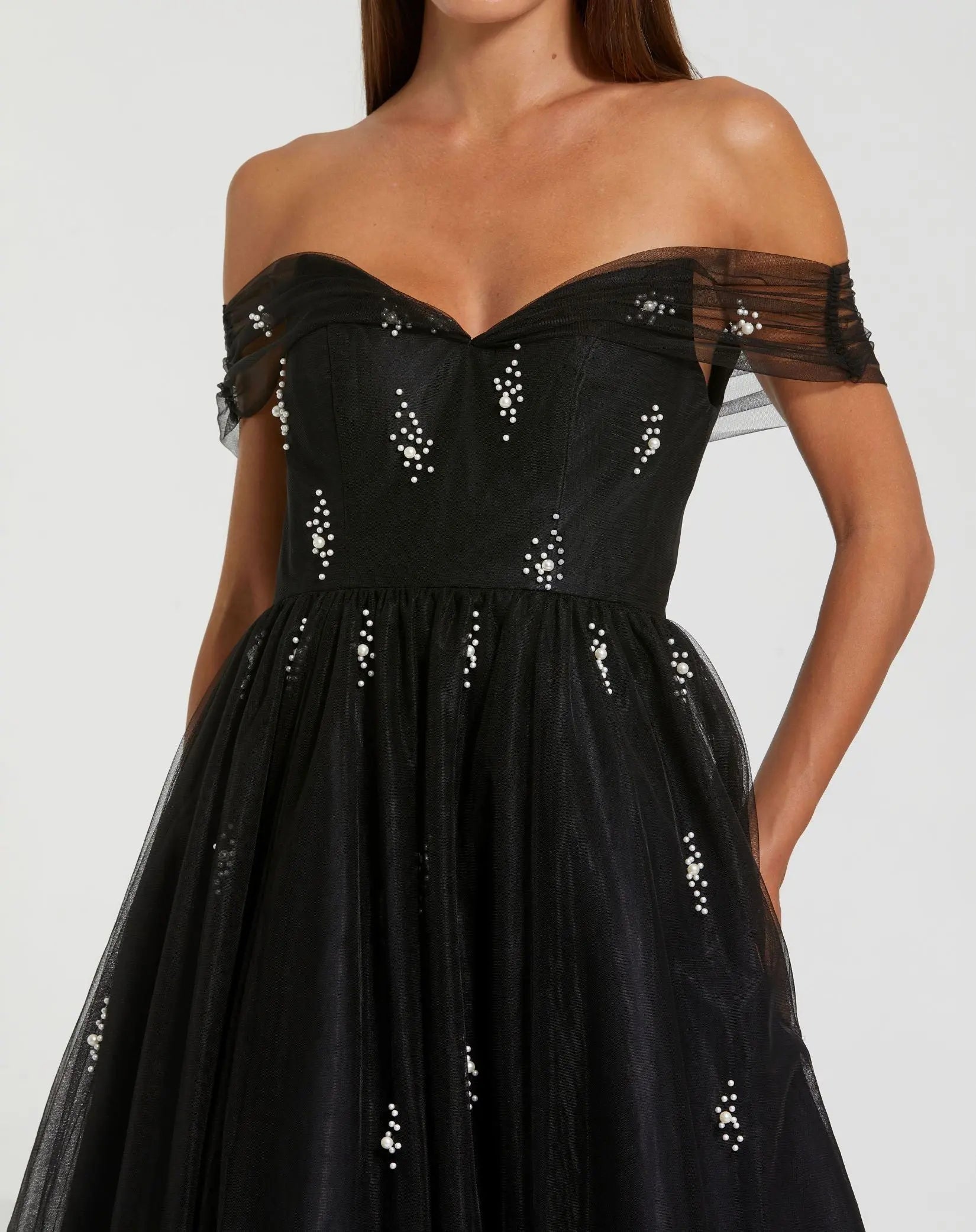 Black Tulle Off The Shoulder Pearl Embellished Cocktail Dress-Myartka
