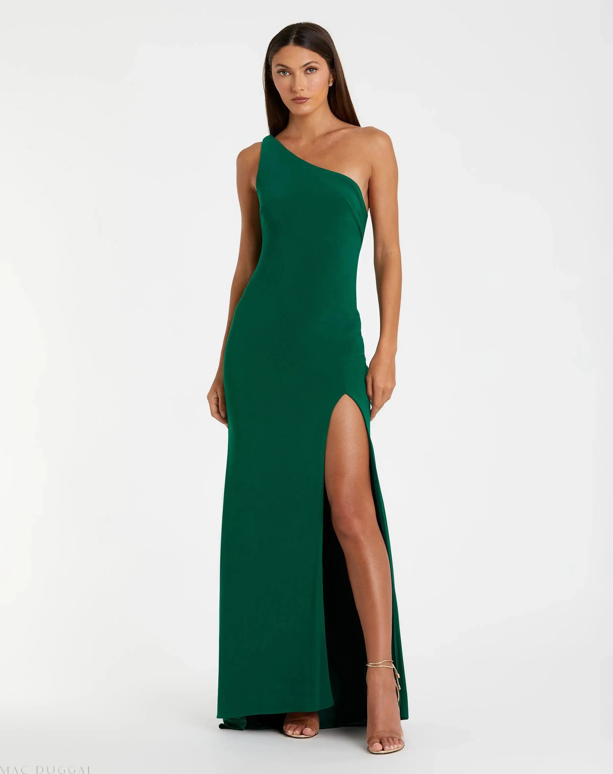 Green Jersey One Shoulder Draped Back Gown-Myartka