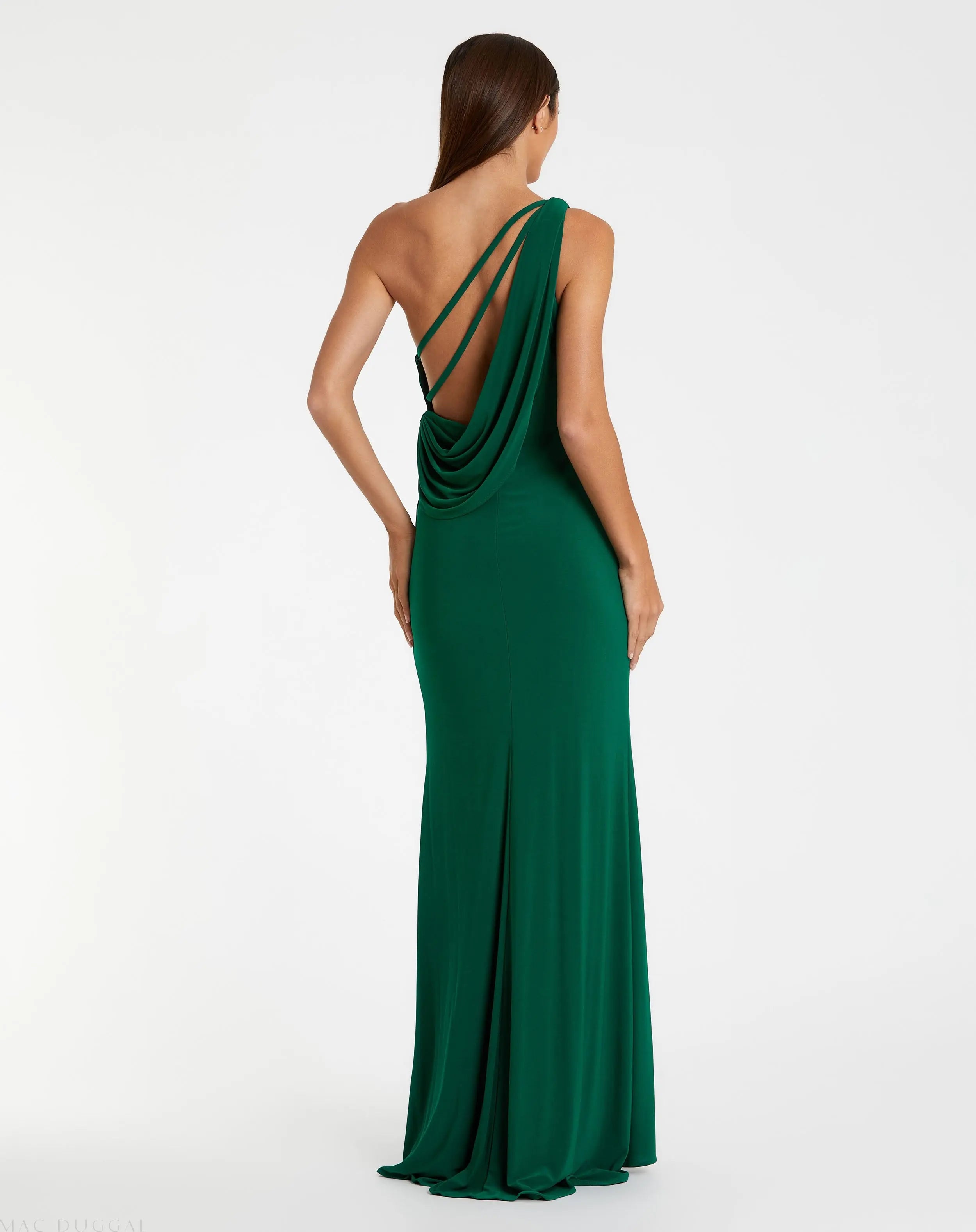 Green Jersey One Shoulder Draped Back Gown-Myartka