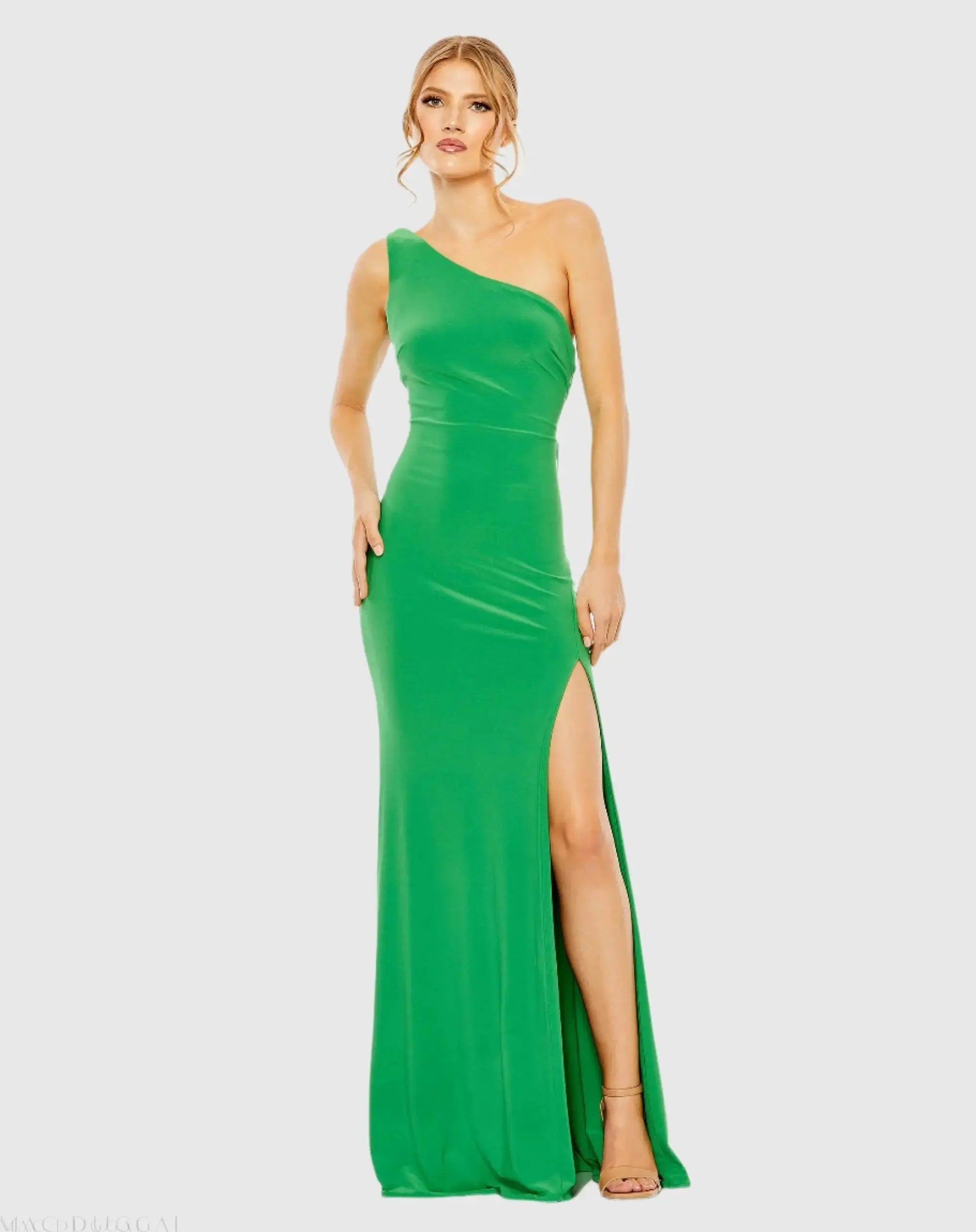 Green Jersey One Shoulder Draped Back Gown-Myartka