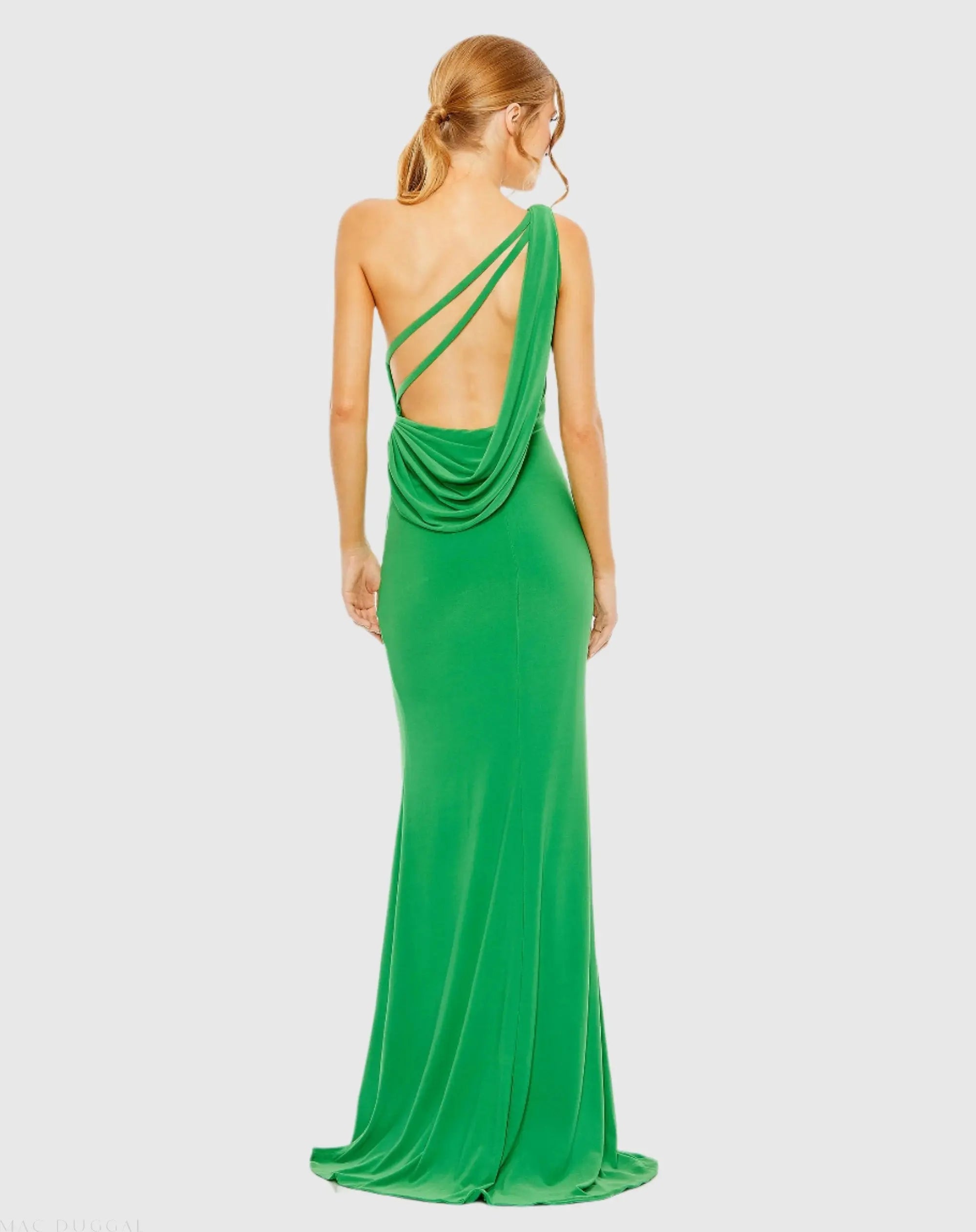 Green Jersey One Shoulder Draped Back Gown-Myartka