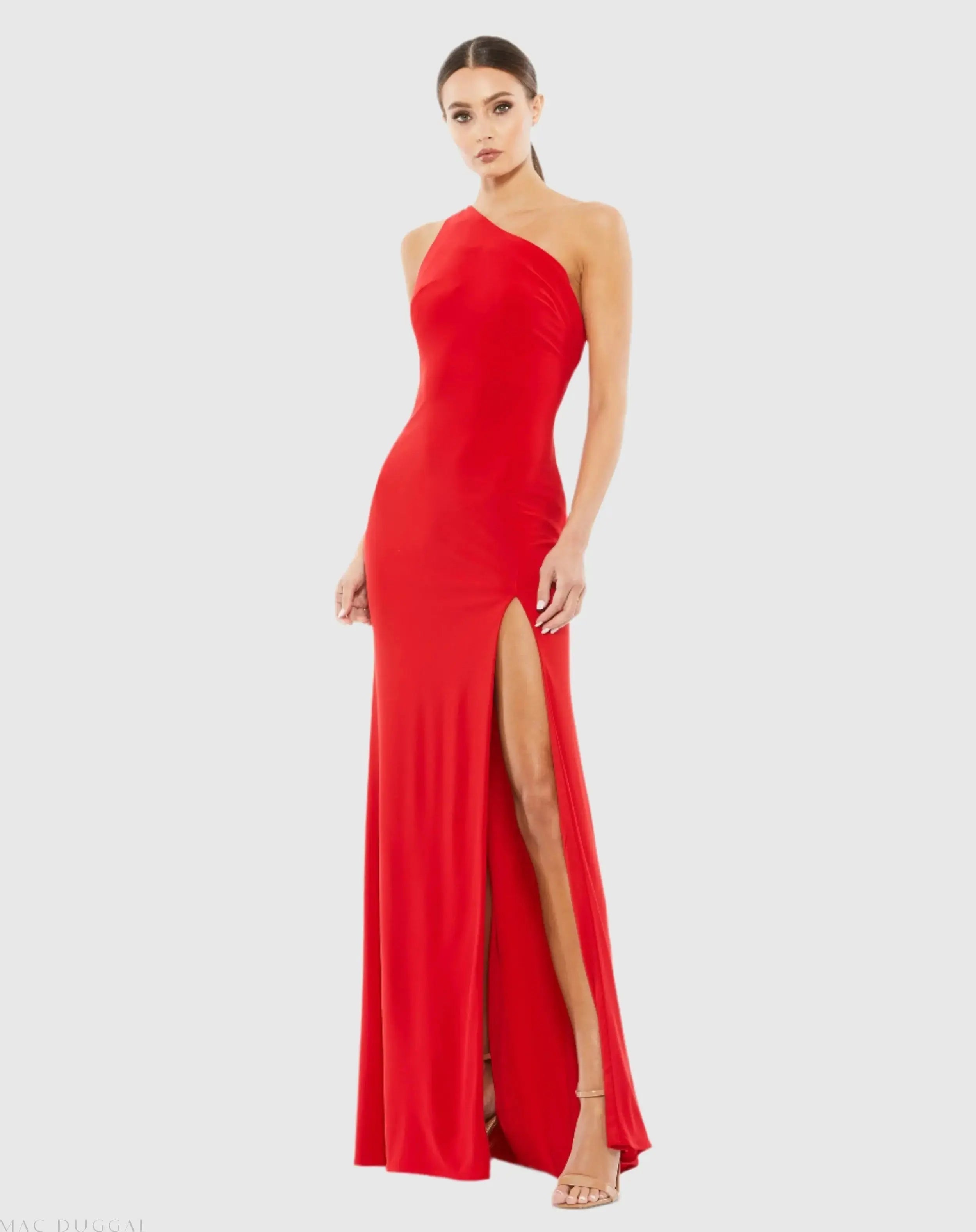 Red Jersey One Shoulder Draped Back Gown-Myartka