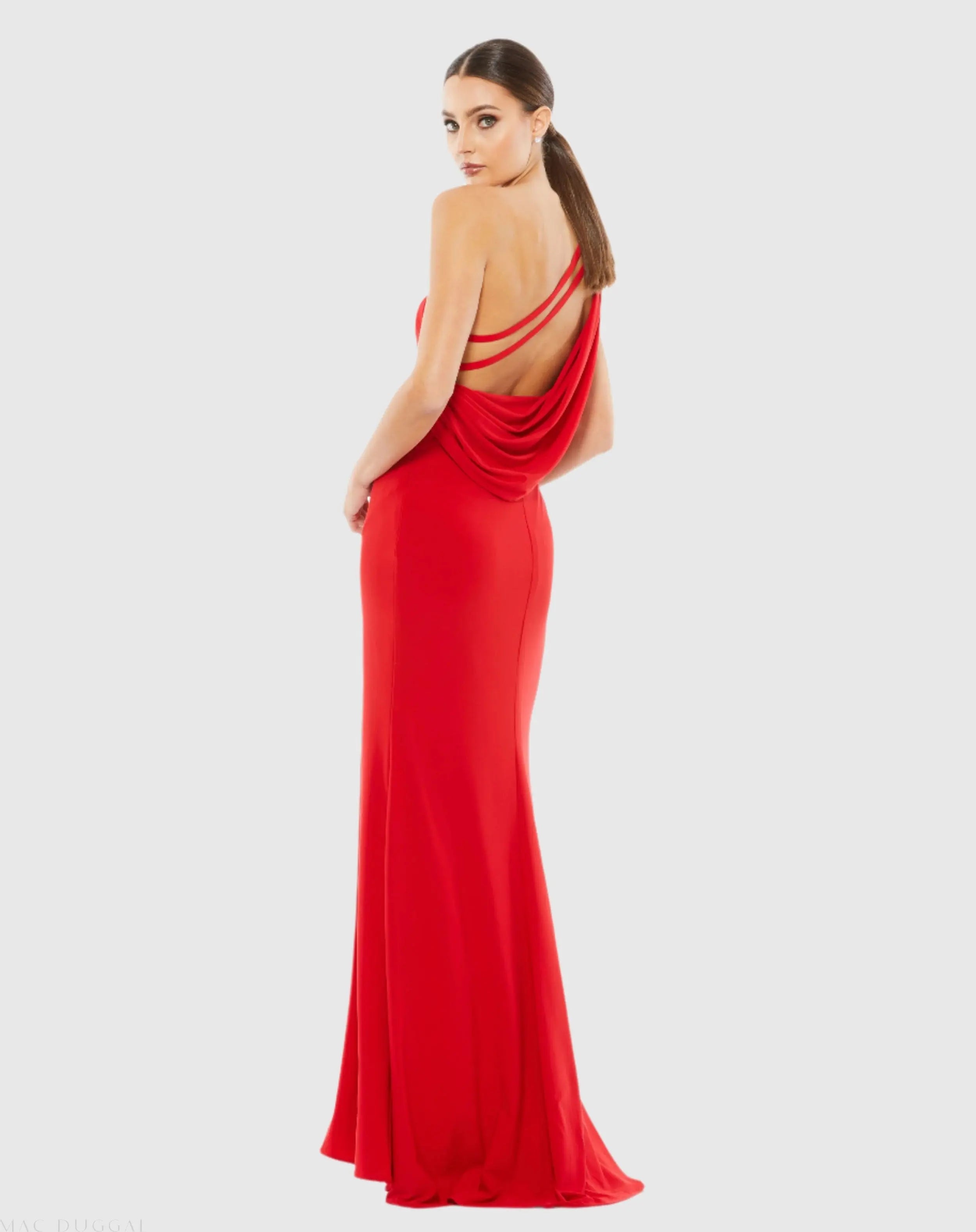 Red Jersey One Shoulder Draped Back Gown-Myartka