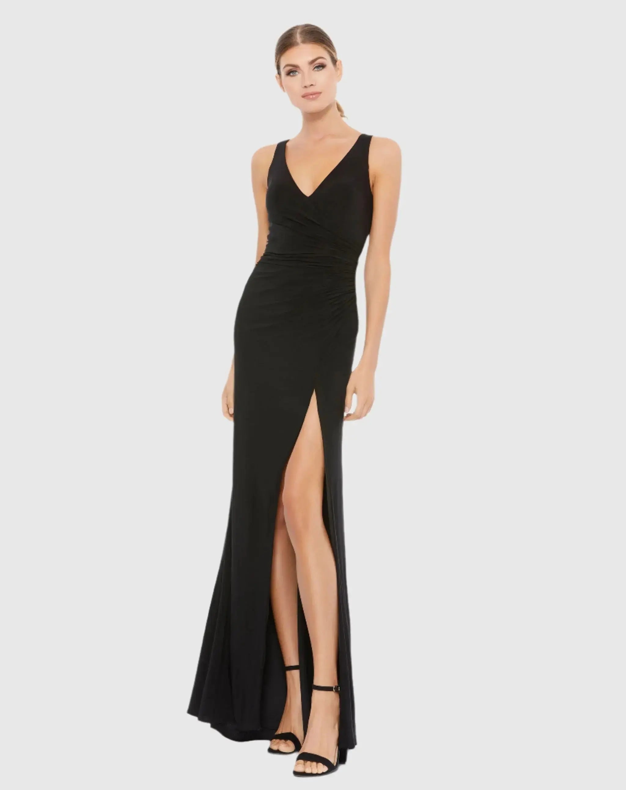 Black Faux Wrap Sleeveless V Neck Gown-Myartka