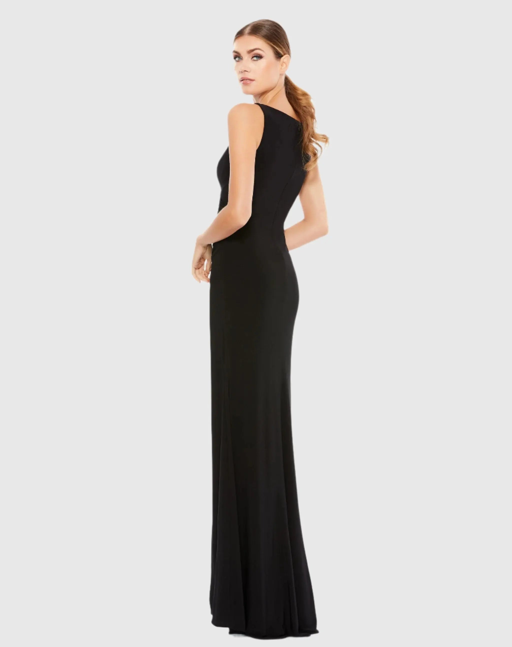 Black Faux Wrap Sleeveless V Neck Gown-Myartka