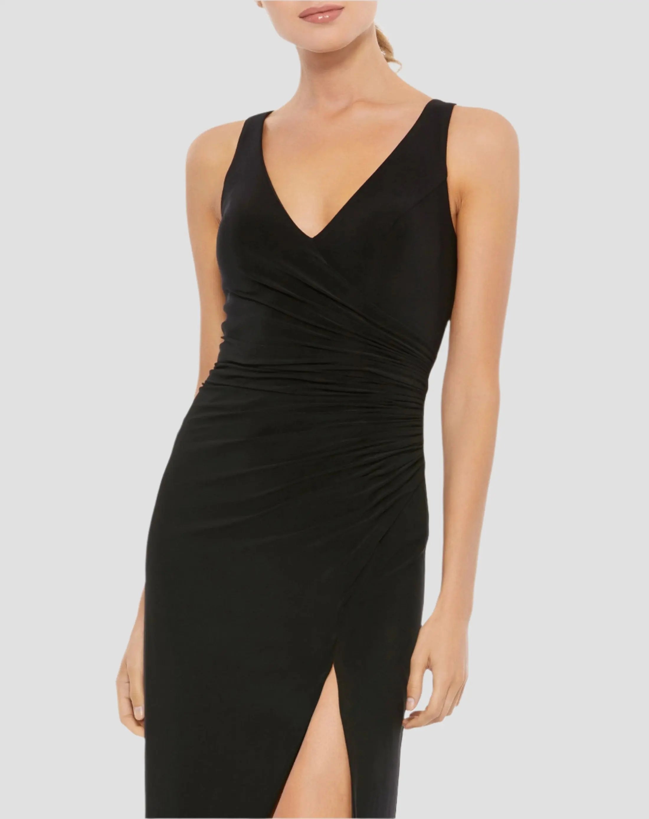 Black Faux Wrap Sleeveless V Neck Gown-Myartka