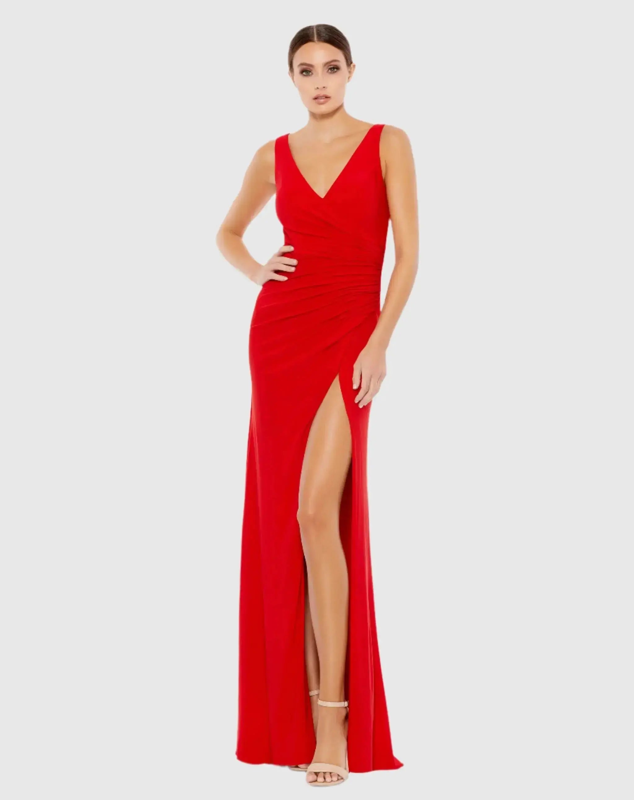 Red Faux Wrap Sleeveless V Neck Gown-Myartka
