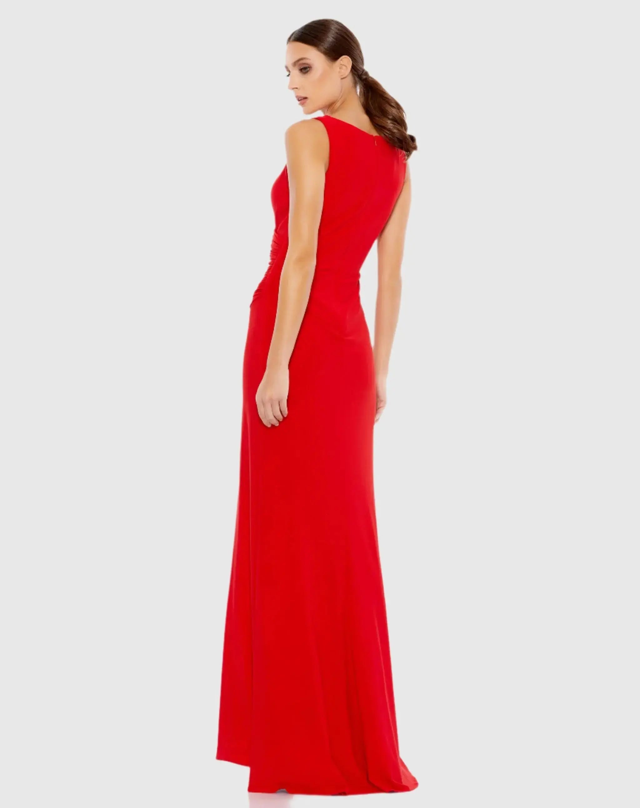 Red Faux Wrap Sleeveless V Neck Gown-Myartka