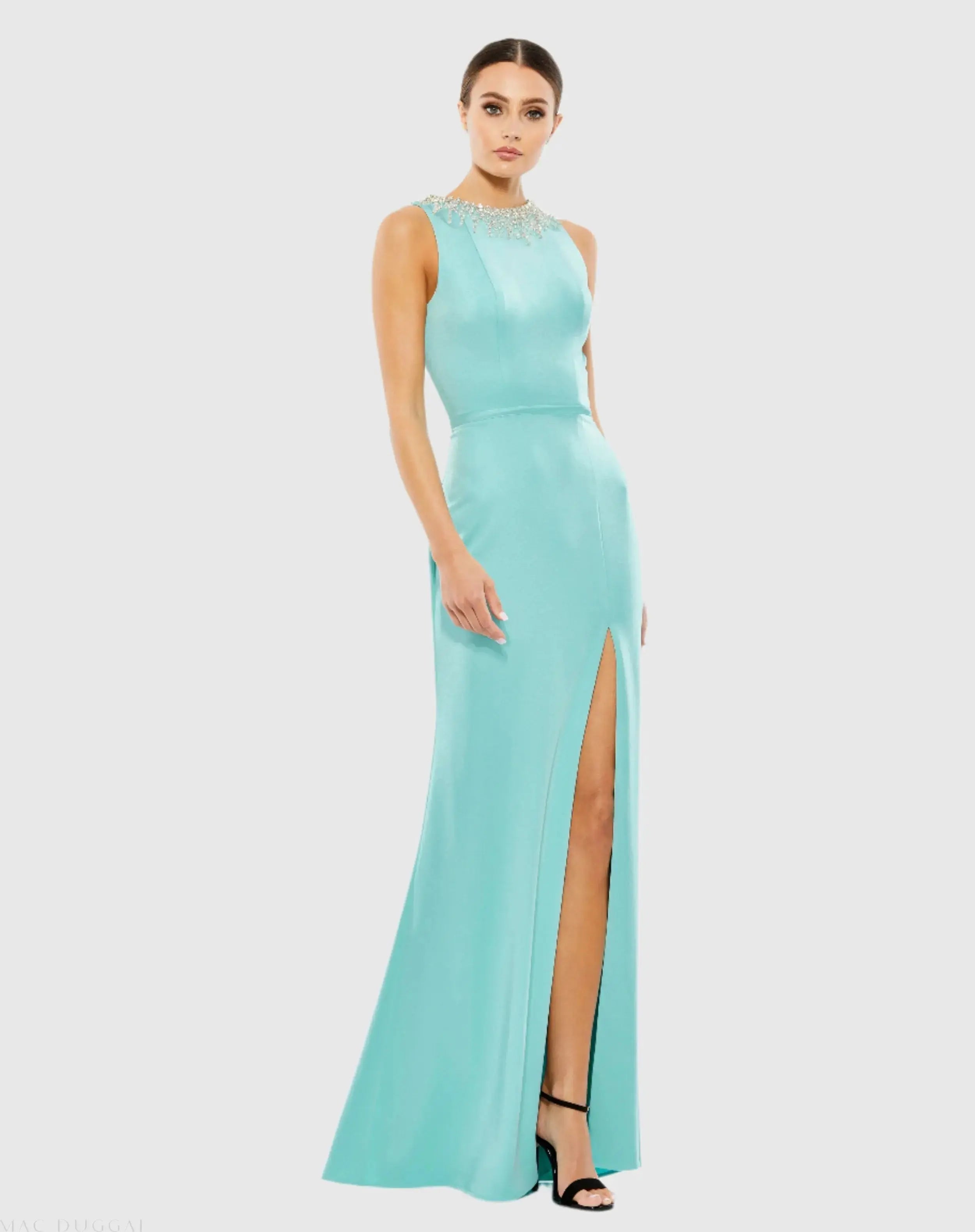 Sleeveless Rhinestone Collar Column Gown-Myartka