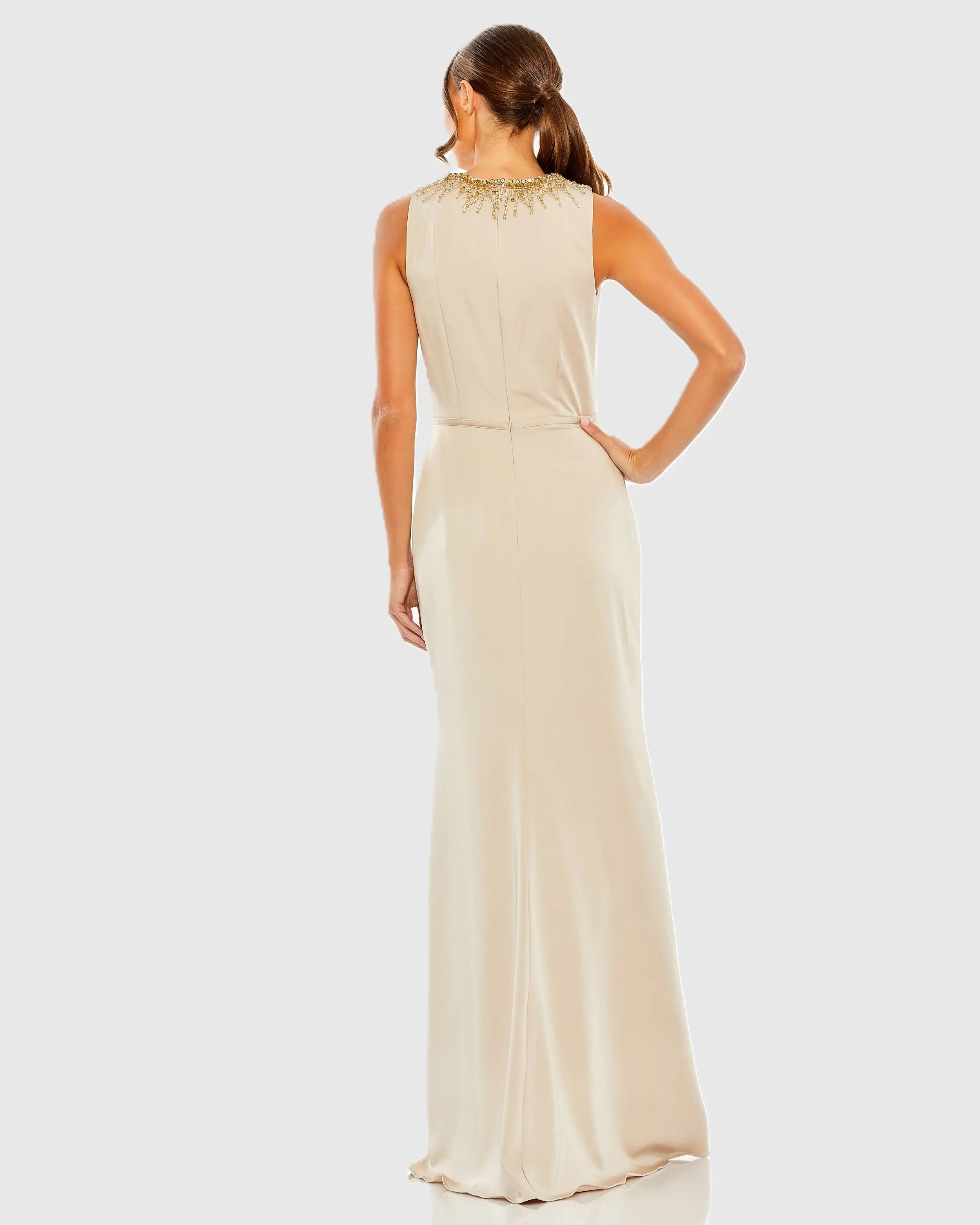 Beige High Neck Rhinestone Column Gown With Slit-Myartka