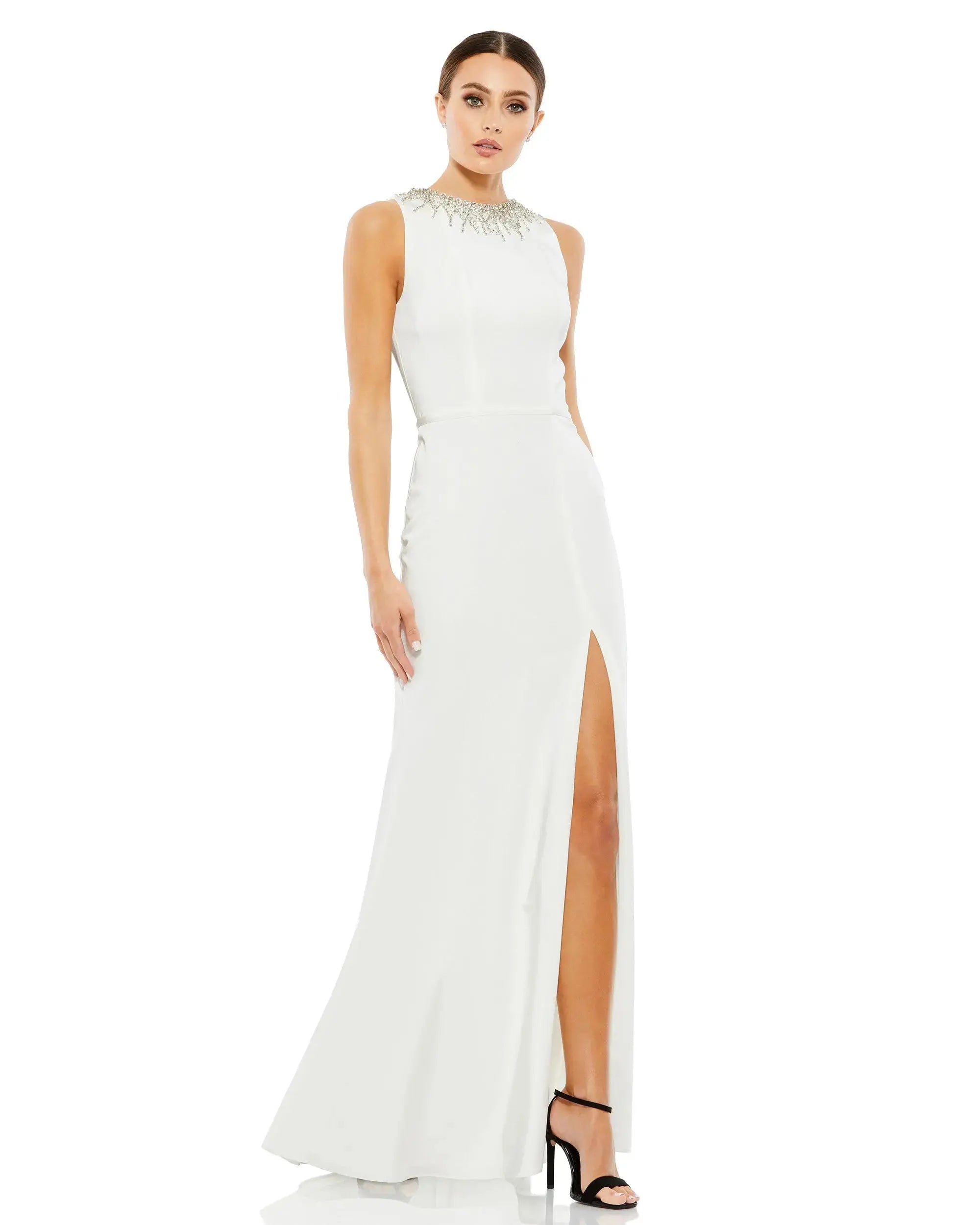 Sleeveless Rhinestone Collar Column Gown-Myartka