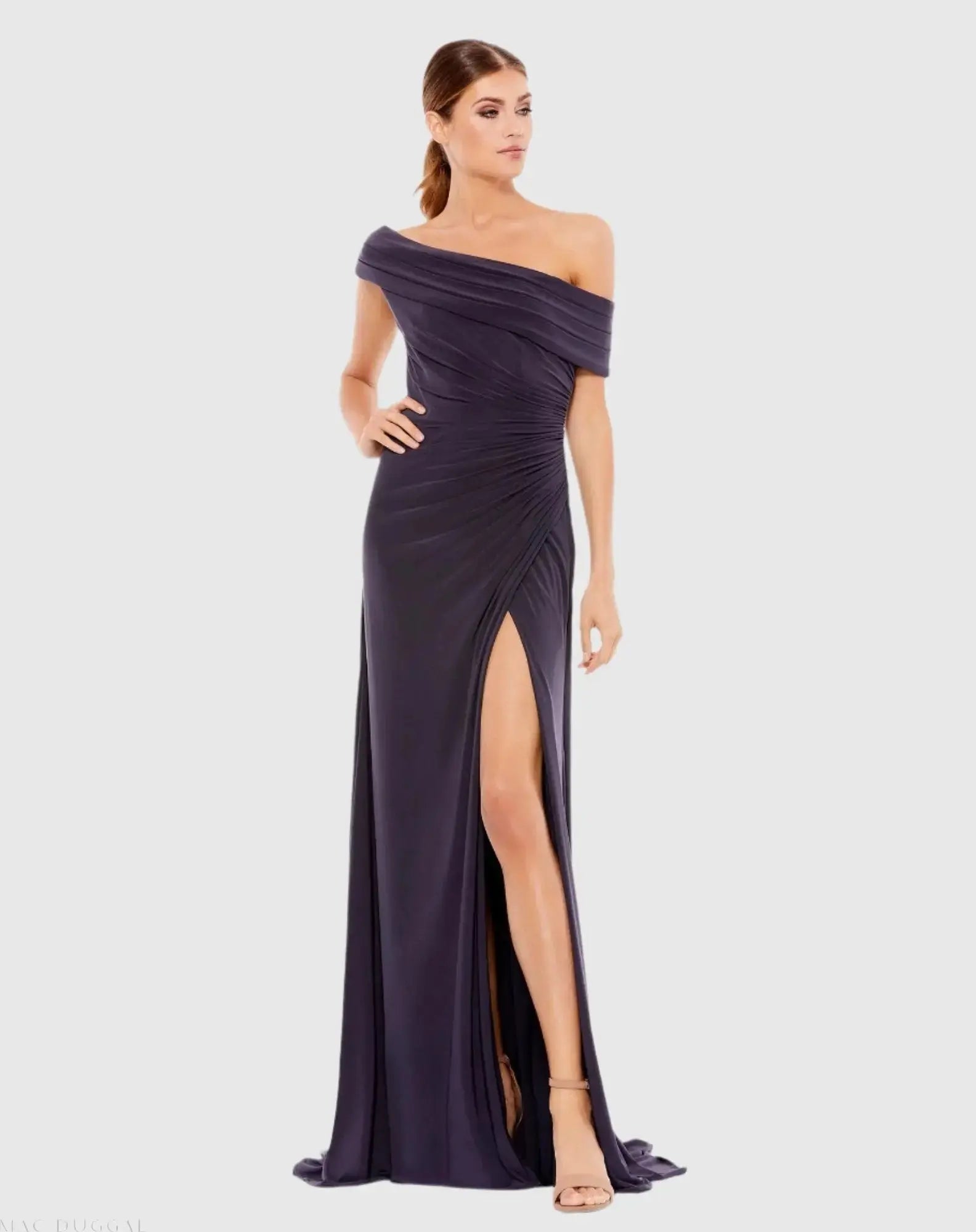 Purple Foldover Off-the-Shoulder Slit Gown-Myartka