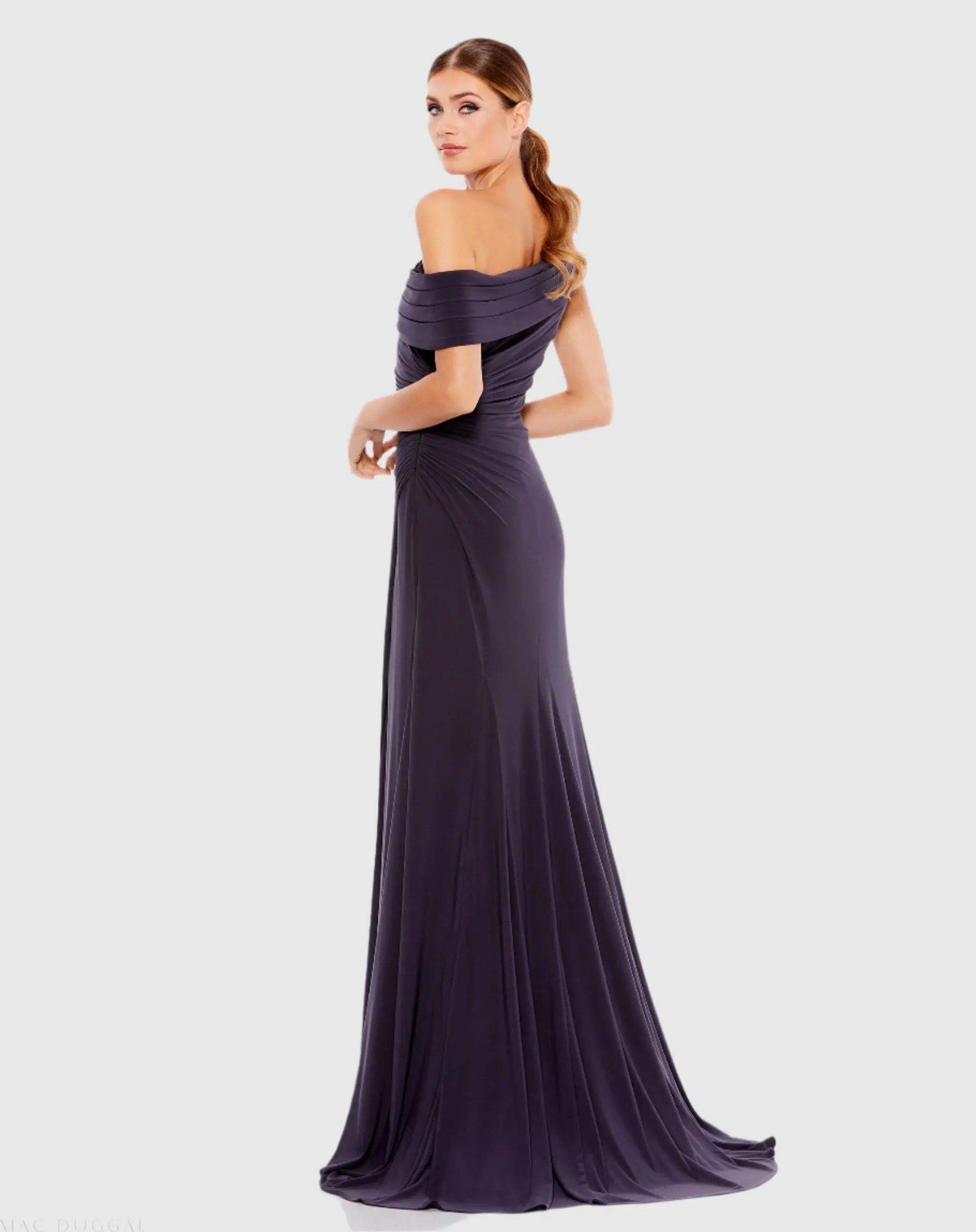 Purple Foldover Off-the-Shoulder Slit Gown-Myartka