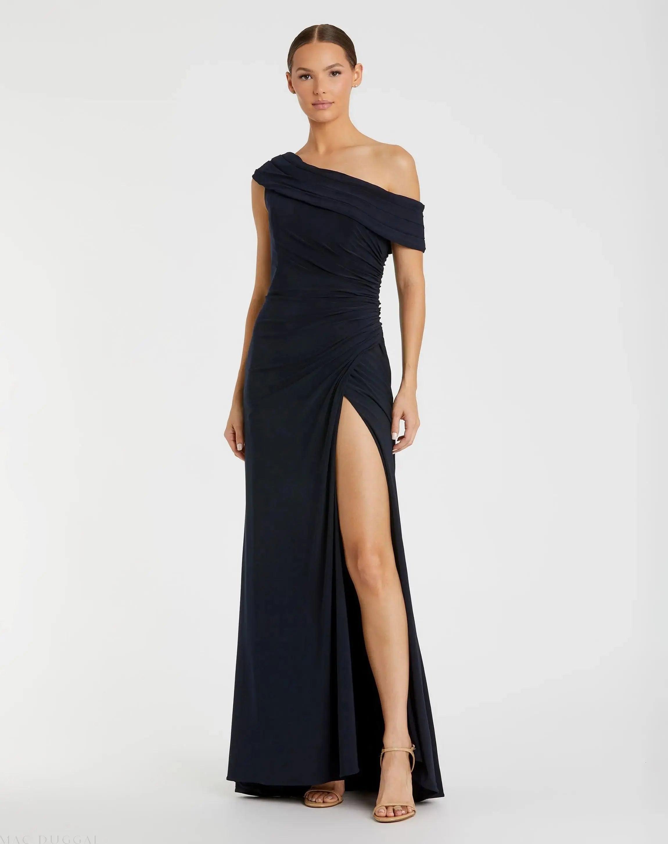 Navy Foldover Off-the-Shoulder Slit Gown-Myartka