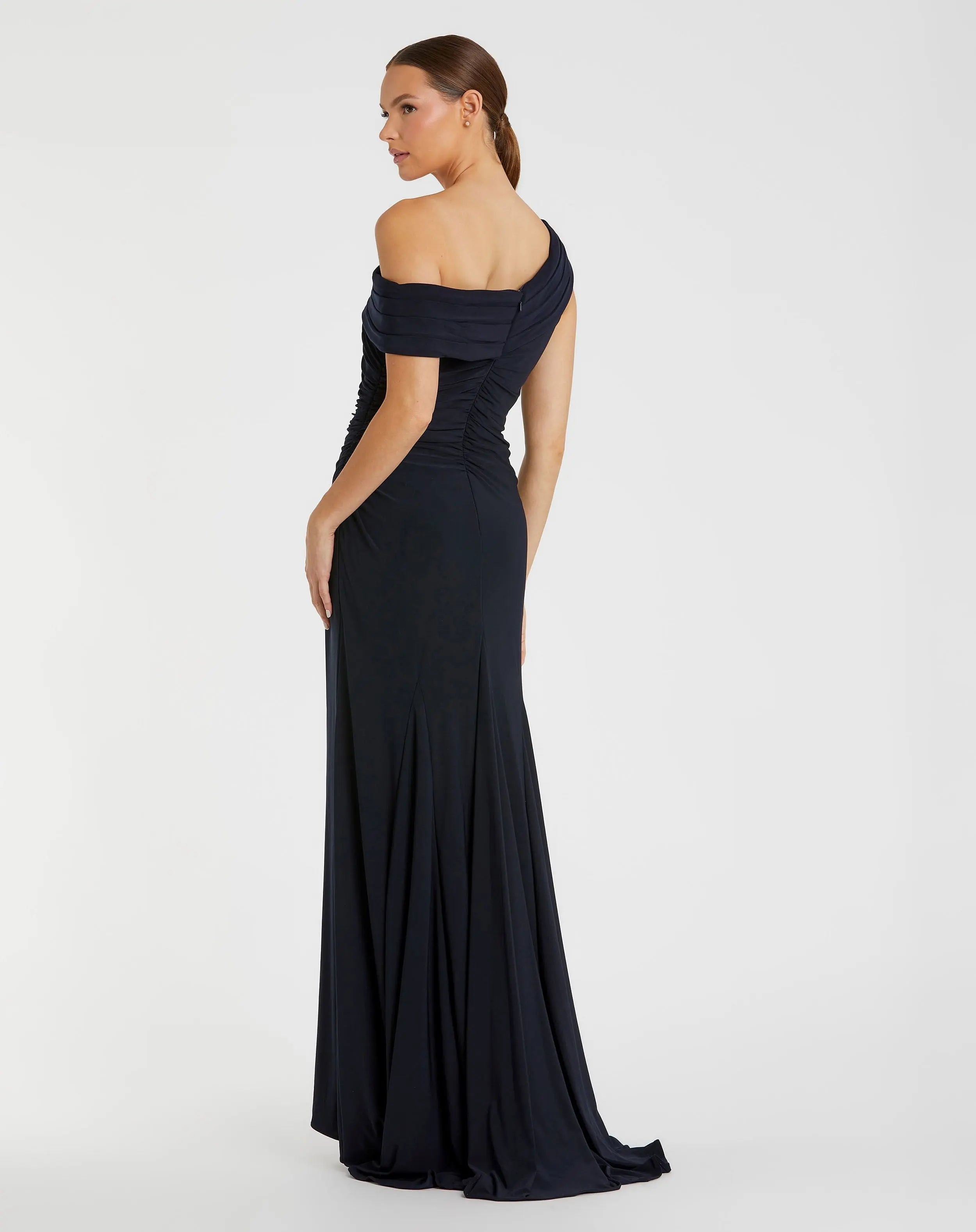 Navy Foldover Off-the-Shoulder Slit Gown-Myartka