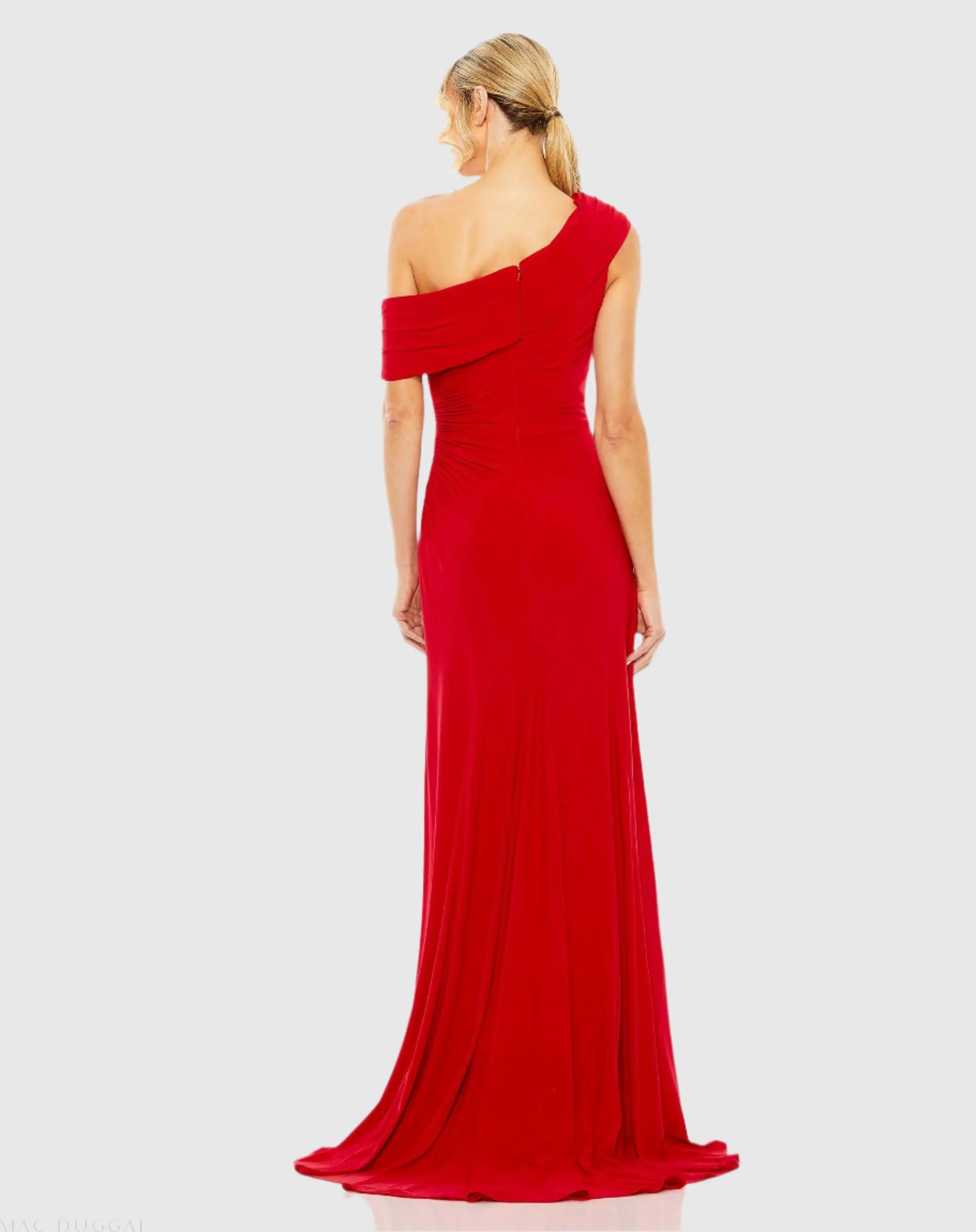 Red Foldover Off-the-Shoulder Slit Gown-Myartka