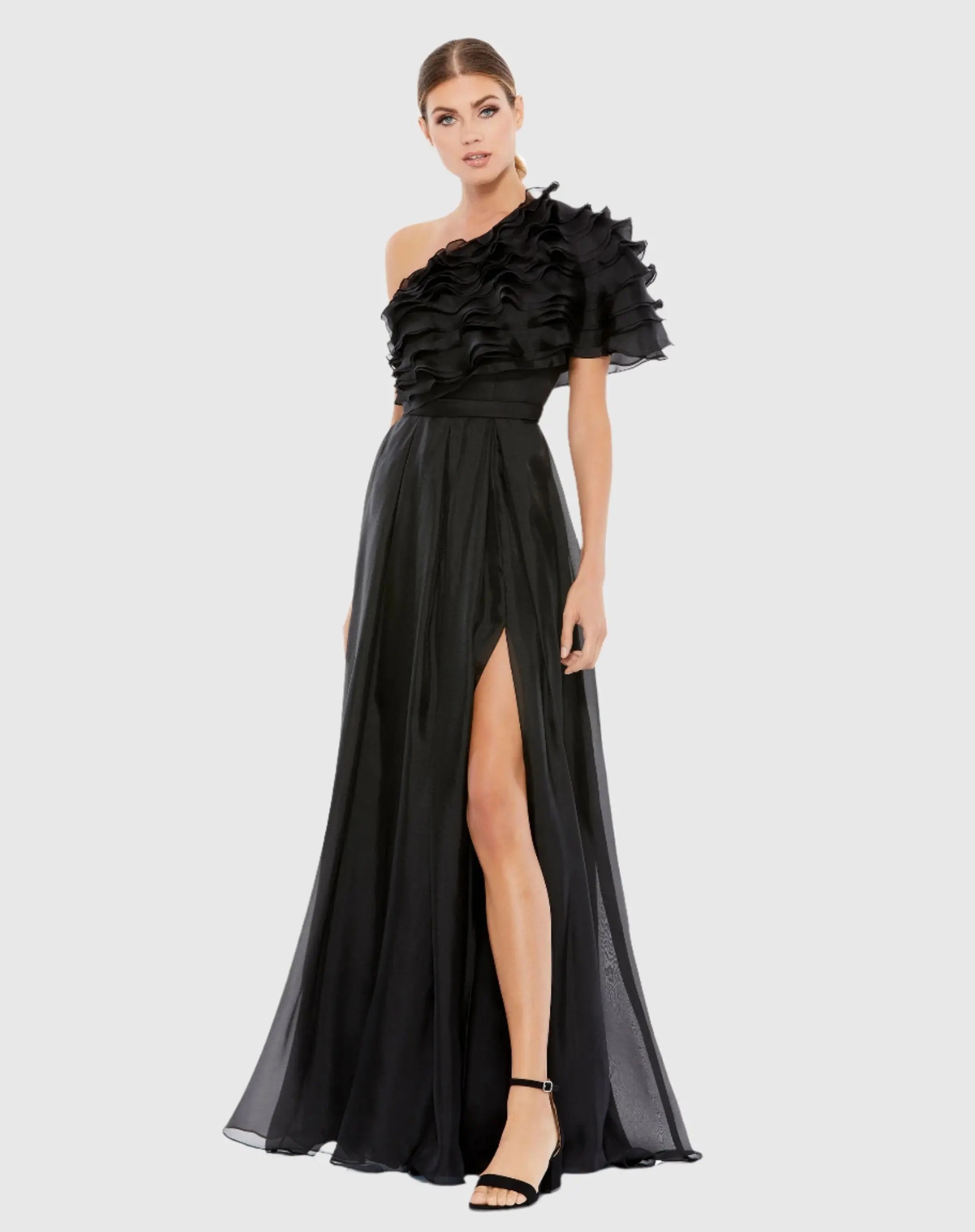 Black Ruffle Layered One Shoulder Gown-Myartka