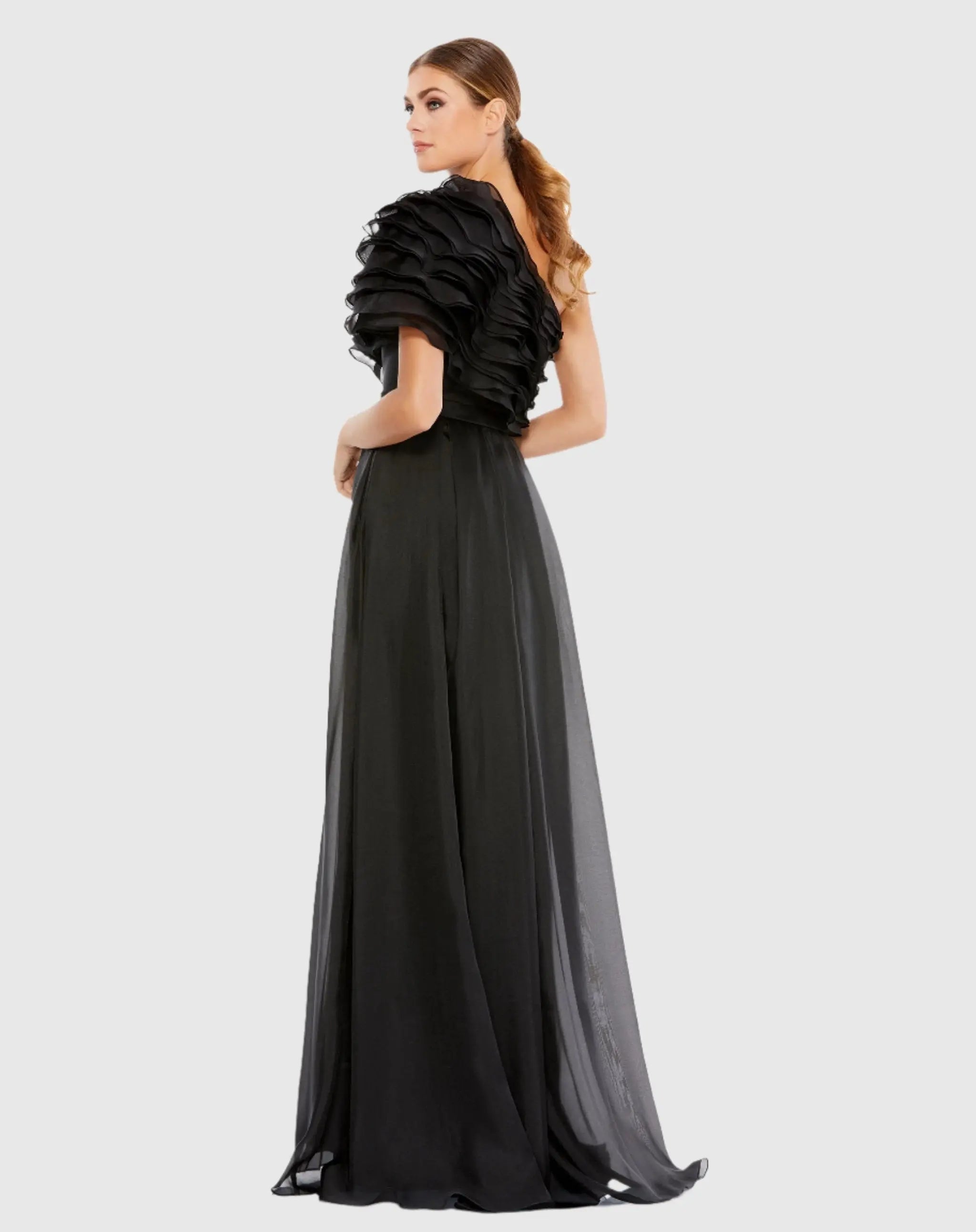 Black Ruffle Layered One Shoulder Gown-Myartka