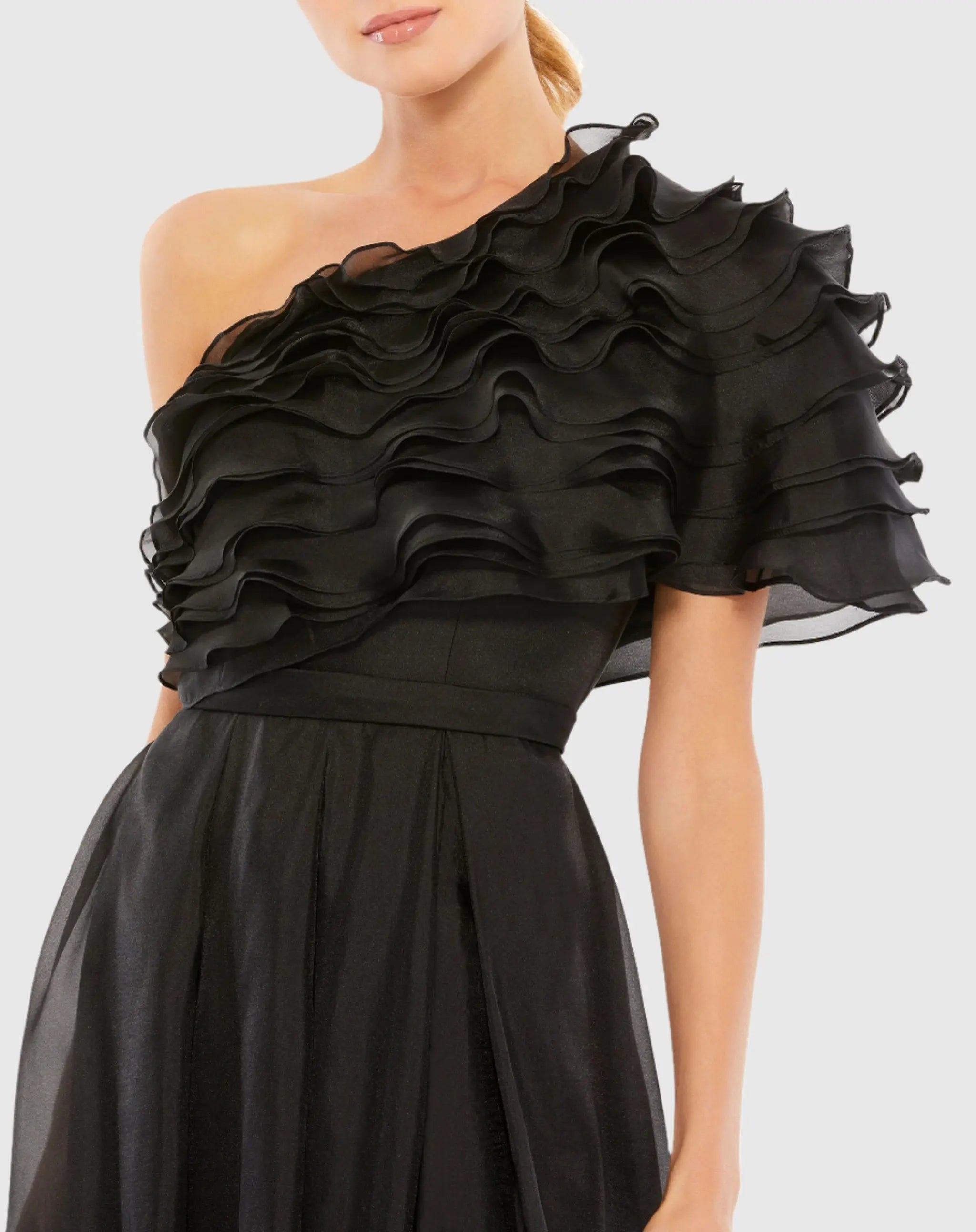 Black Ruffle Layered One Shoulder Gown-Myartka