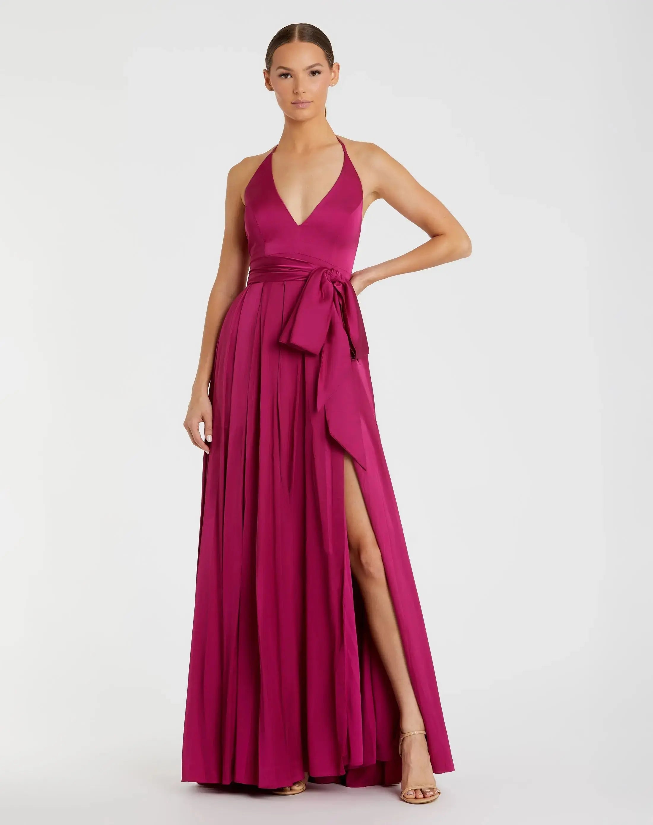 Magenta Halter Neck Charmeuse Gown-Myartka