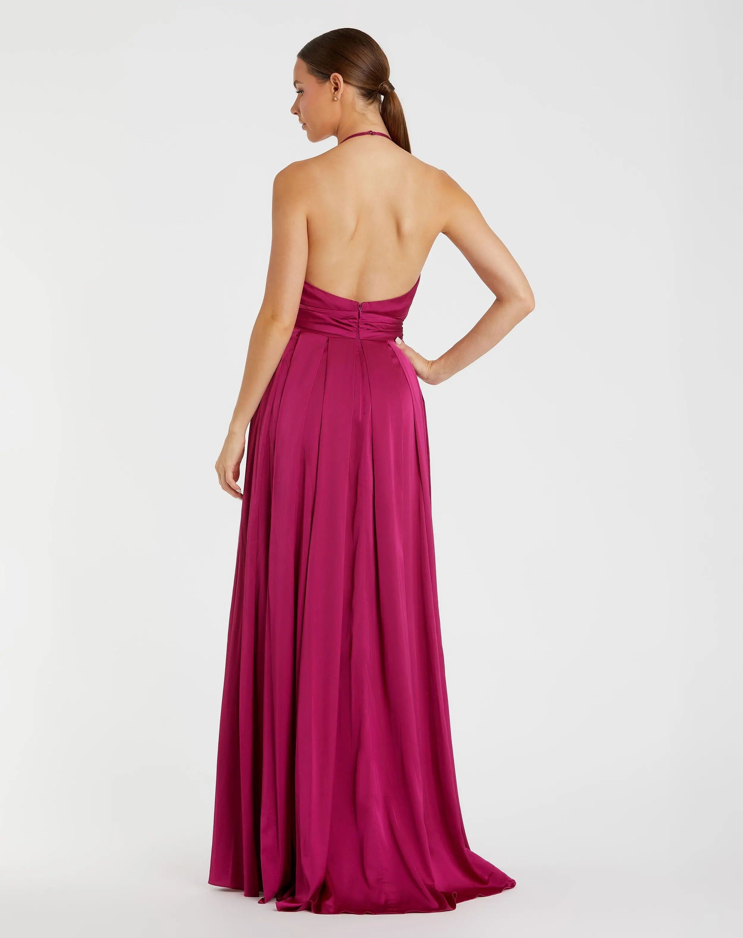 Magenta Halter Neck Charmeuse Gown-Myartka